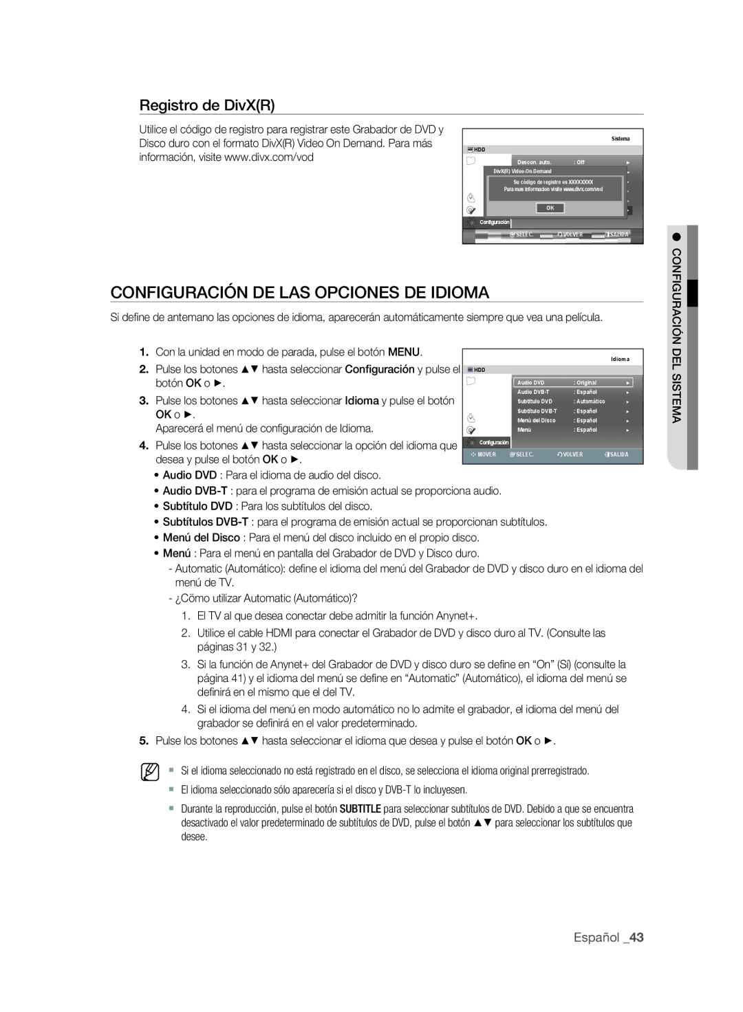 Samsung DVD-SH895A/XEC Configuración DE LAS Opciones DE Idioma, Registro de DivXR, Botón OK o, Desea y pulse el botón OK o 