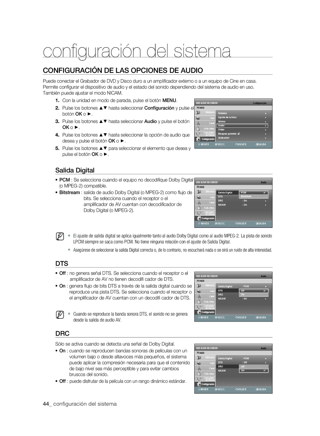 Samsung DVD-SH897A/XEC, DVD-SH895A/XEF manual Configuración DE LAS Opciones DE Audio, Salida Digital, OK o Pulse los botones 