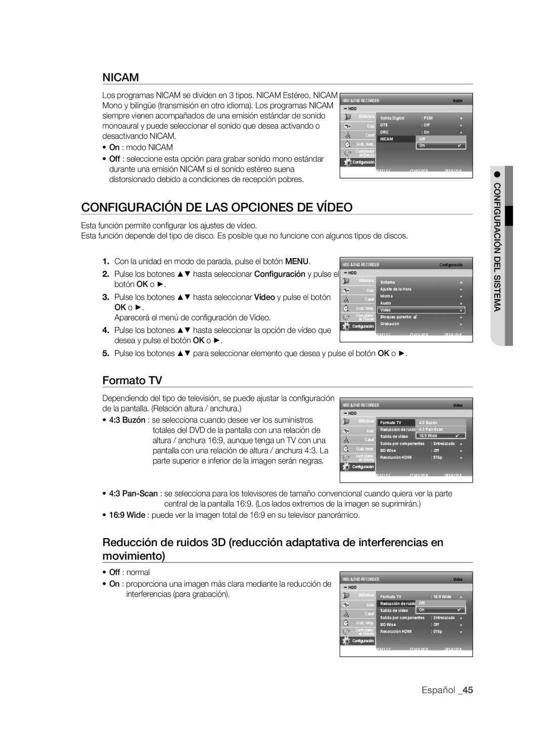 Samsung DVD-SH895A/XEF, DVD-SH893A/XEF, DVD-SH893A/XEC Configuración DE LAS Opciones DE Vídeo, Formato TV, On modo Nicam 