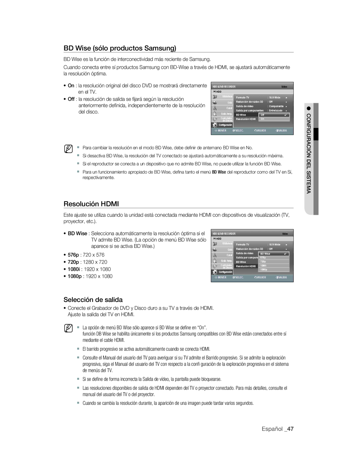 Samsung DVD-SH893A/XEC, DVD-SH895A/XEF, DVD-SH893A/XEF BD Wise sólo productos Samsung, Resolución Hdmi, Selección de salida 