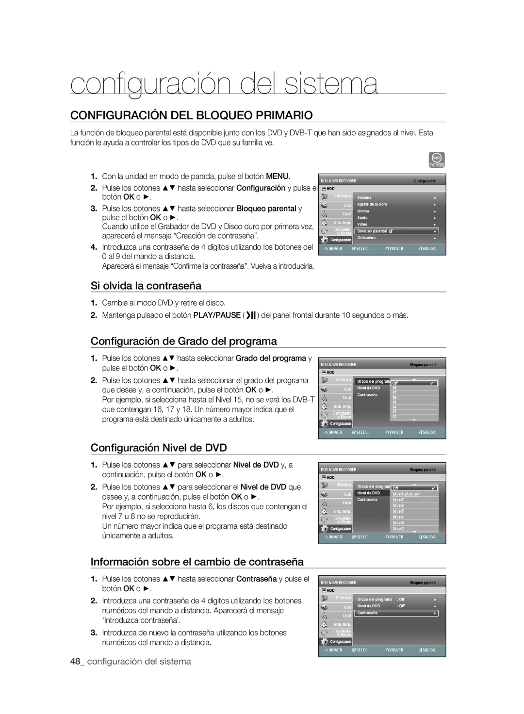 Samsung DVD-SH895A/XEC Configuración DEL Bloqueo Primario, Si olvida la contraseña, Conﬁguración de Grado del programa 