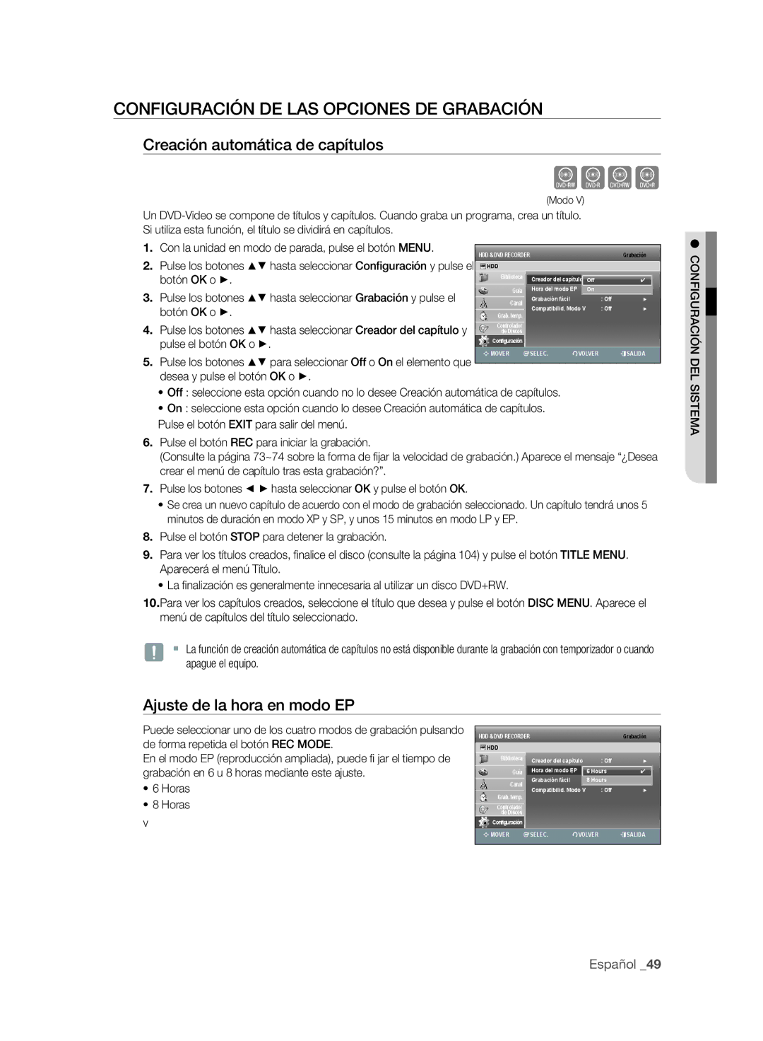 Samsung DVD-SH897A/XEC manual Cvkl, Configuración DE LAS Opciones DE Grabación, Creación automática de capítulos, Horas 