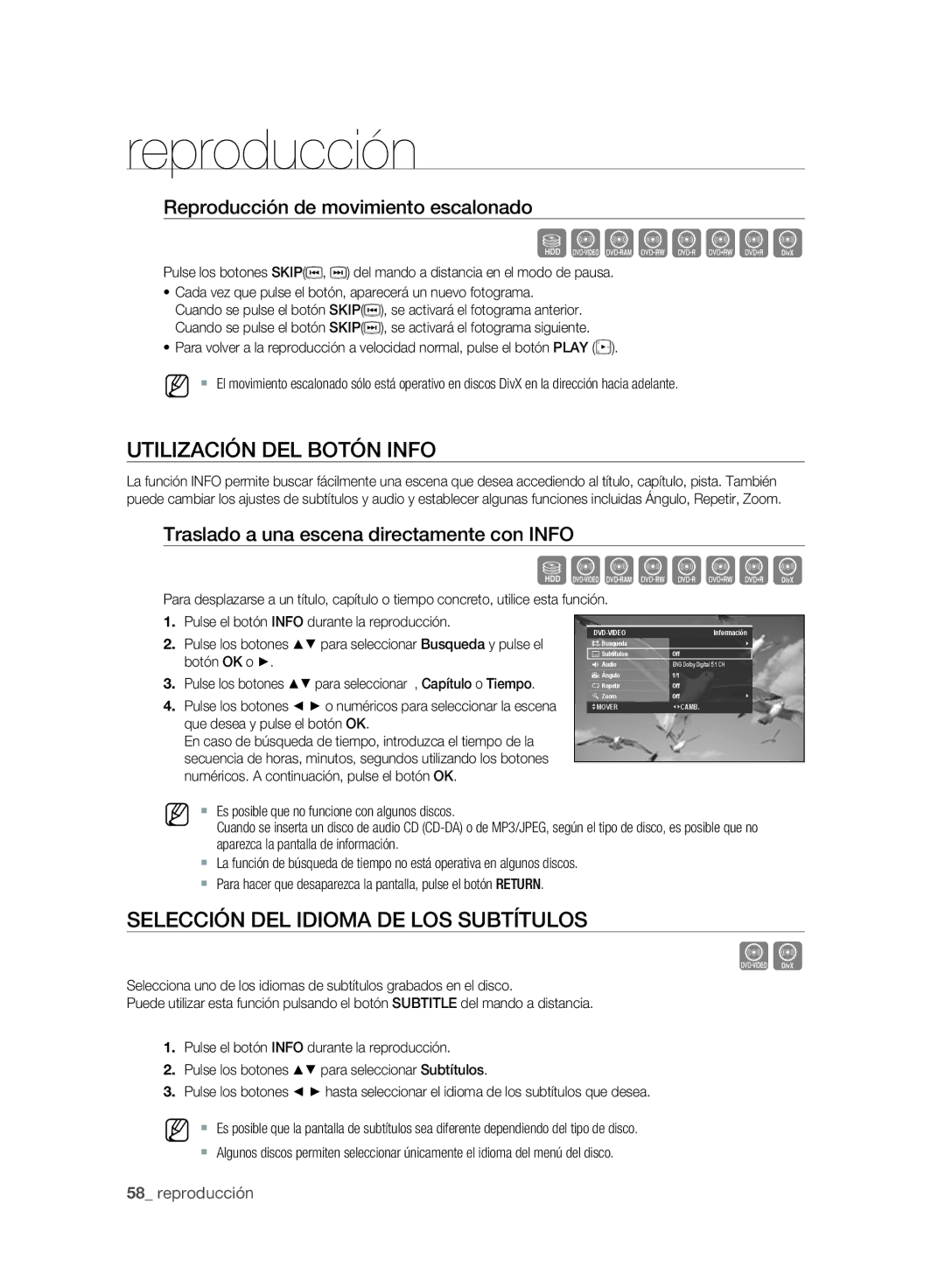 Samsung DVD-SH895A/XEC, DVD-SH895A/XEF, DVD-SH893A/XEF Utilización DEL Botón Info, Selección DEL Idioma DE LOS Subtítulos 