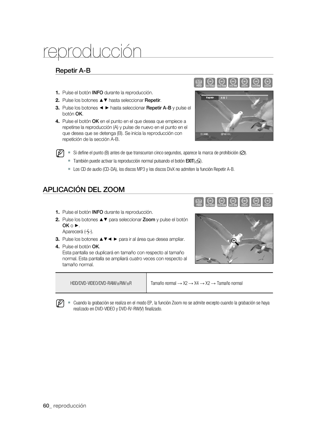 Samsung DVD-SH895A/XEF manual Szxcvkl, Aplicación DEL Zoom, Repetir A-B, Tamaño normal → X2 → X4 → X2 → Tamaño normal 