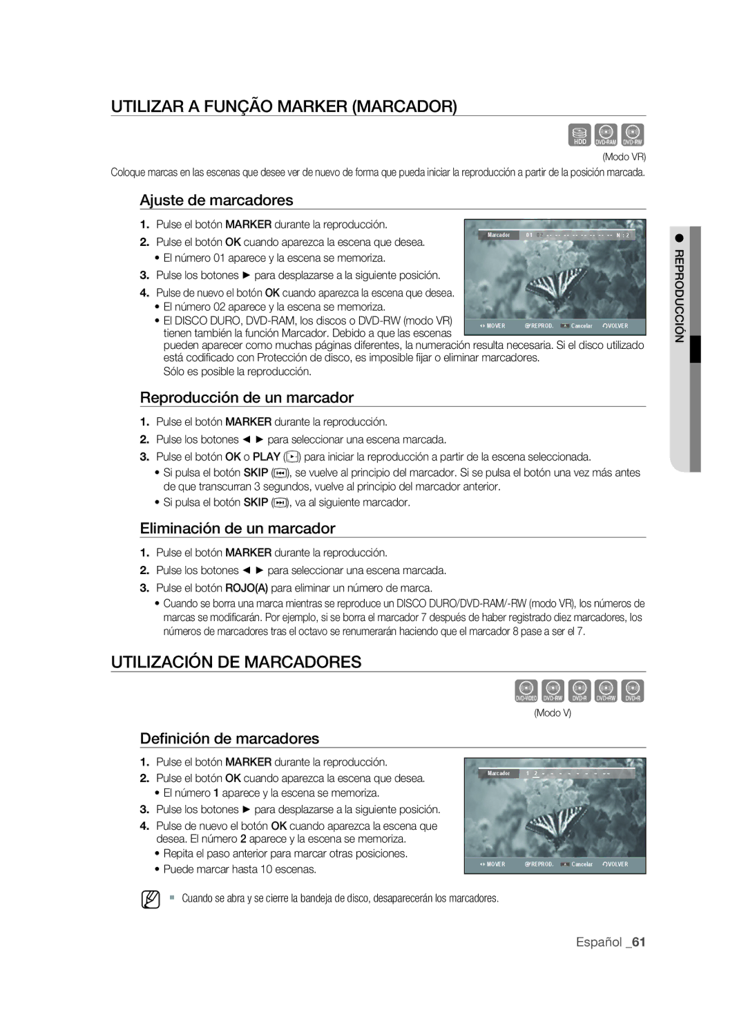 Samsung DVD-SH893A/XEF, DVD-SH895A/XEF manual Sxc, Zcvkl, Utilizar a Função Marker Marcador, Utilización DE Marcadores 