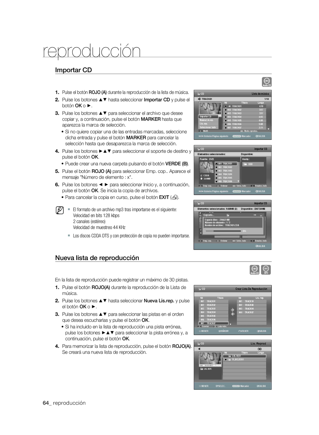 Samsung DVD-SH897A/XEC manual Importar CD, Nueva lista de reproducción, Canales estéreo Velocidad de muestreo 44 KHz 