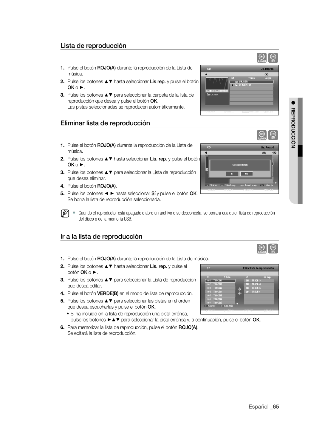 Samsung DVD-SH895A/XEF manual Lista de reproducción, Eliminar lista de reproducción, Ir a la lista de reproducción 