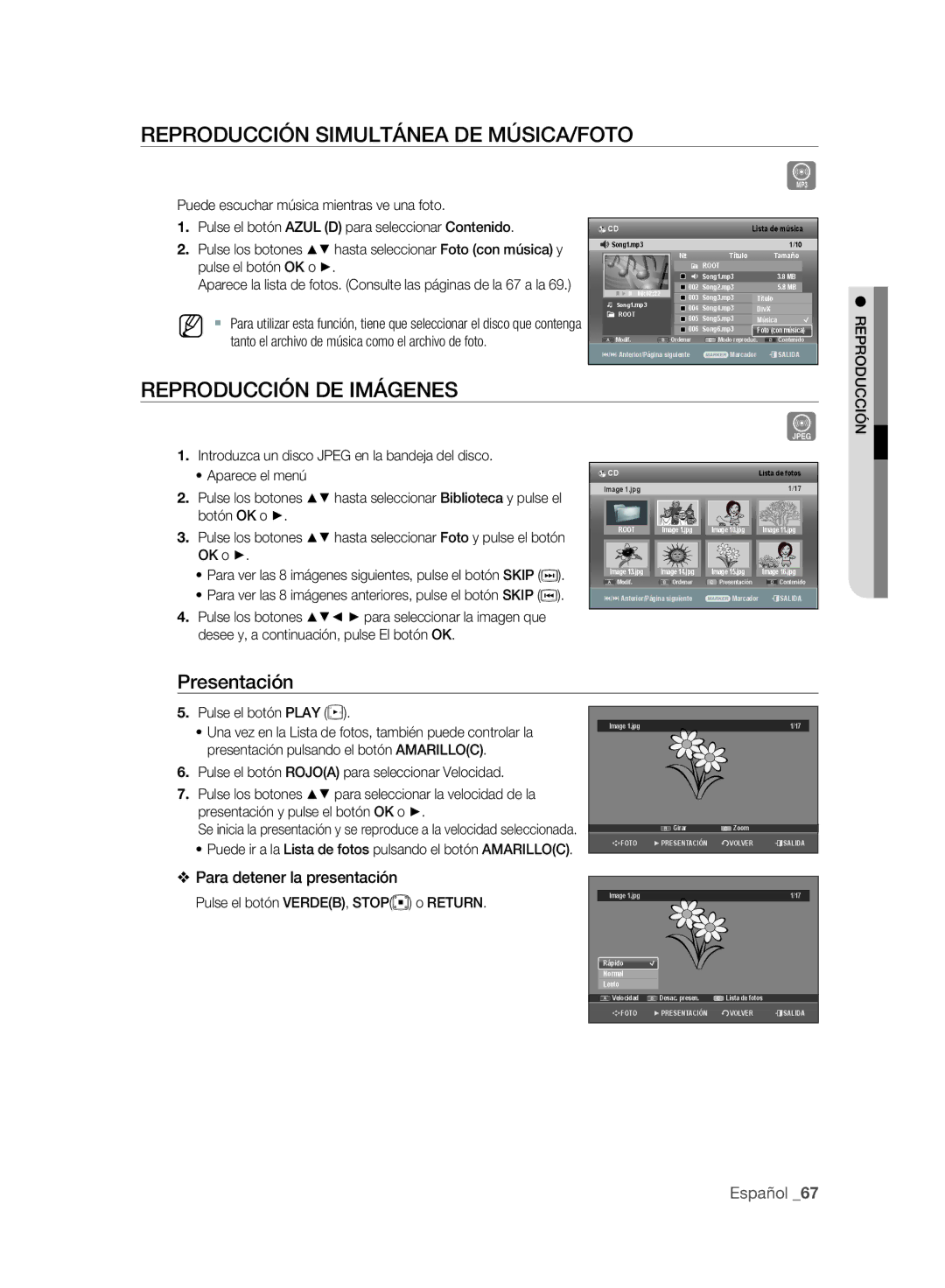 Samsung DVD-SH893A/XEC manual Reproducción Simultánea DE MÚSICA/FOTO, Reproducción DE Imágenes, Presentación, OK o 