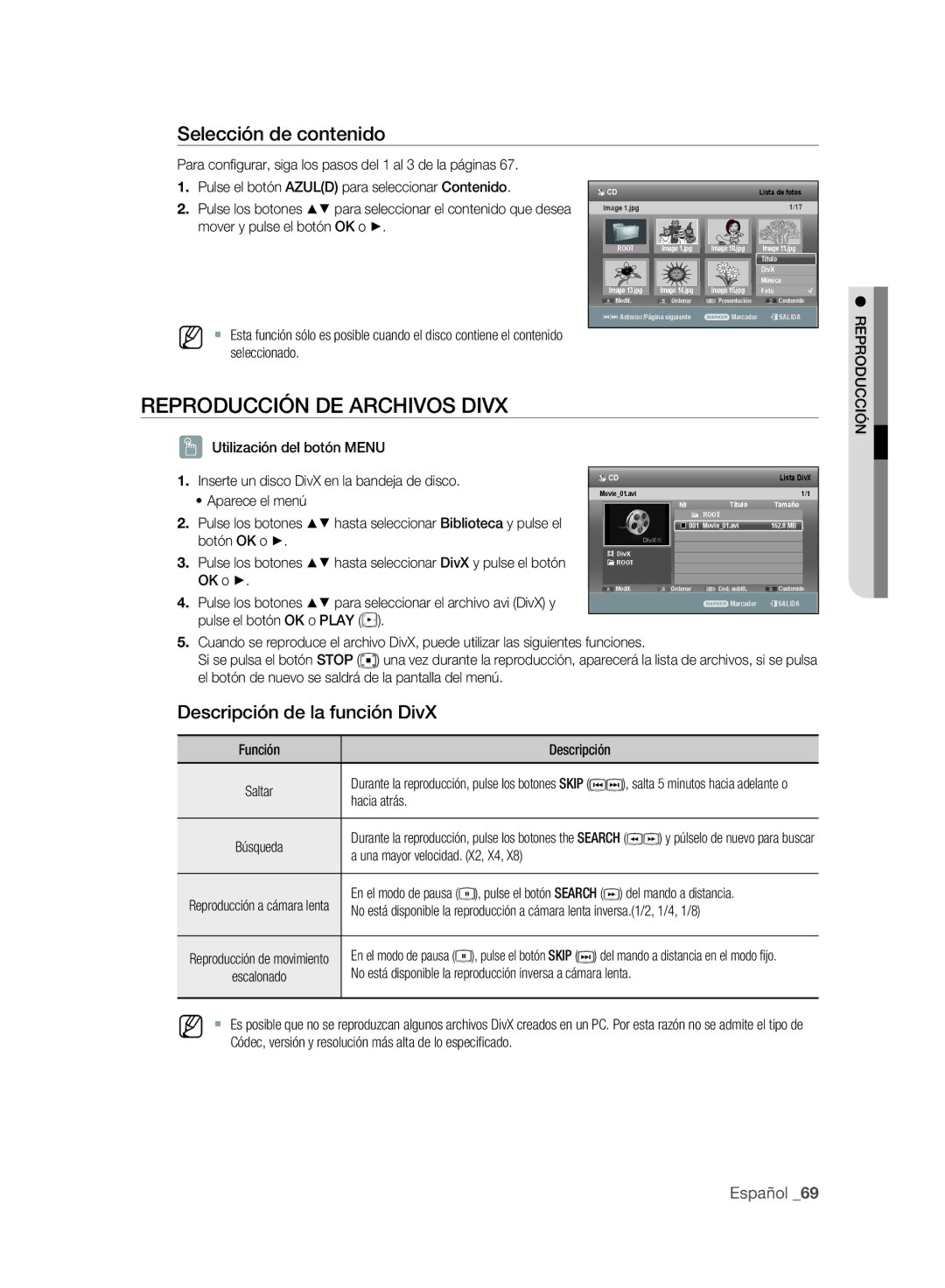 Samsung DVD-SH897A/XEC manual Descripción de la función DivX, Mover y pulse el botón OK o, Seleccionado, Aparece el menú 