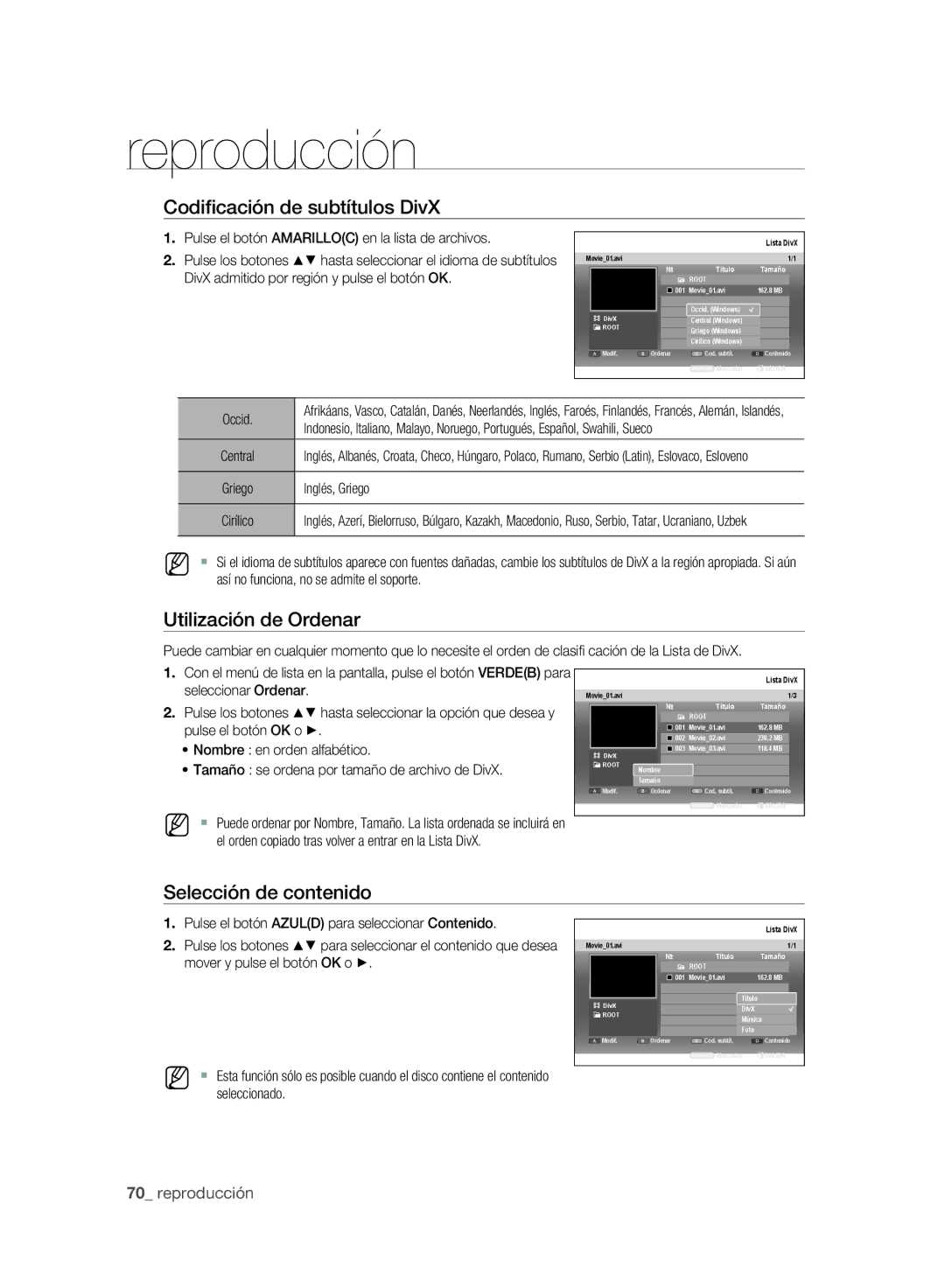 Samsung DVD-SH895A/XEF, DVD-SH893A/XEF Codiﬁcación de subtítulos DivX, Pulse el botón Amarilloc en la lista de archivos 