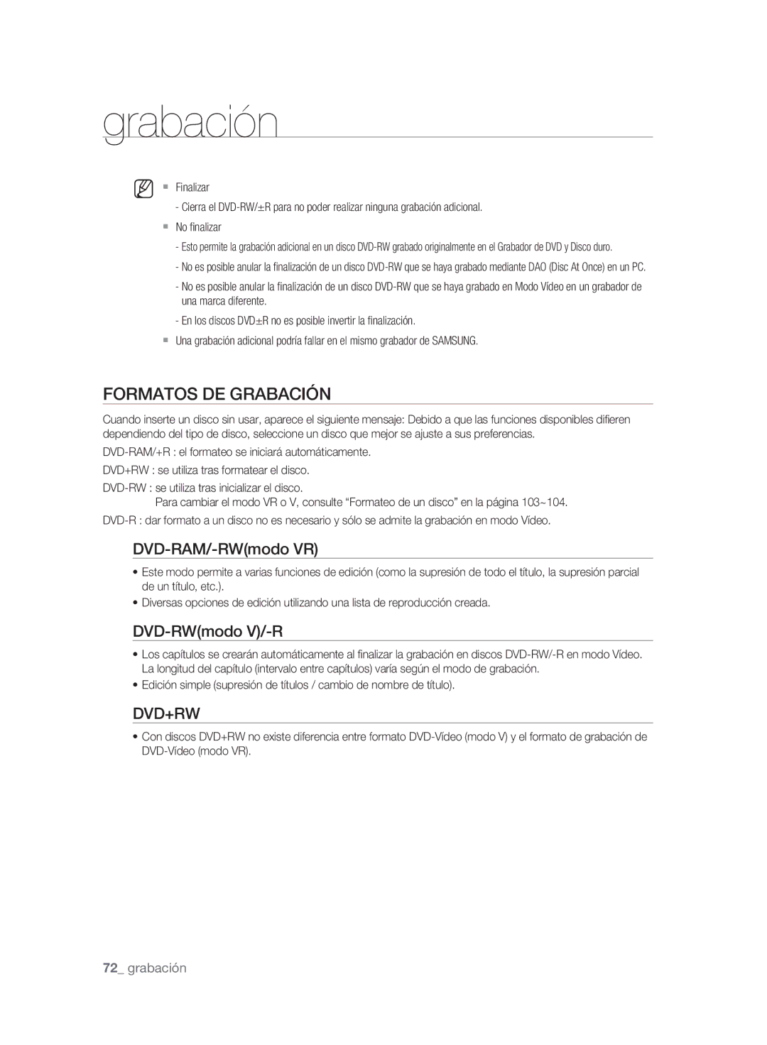 Samsung DVD-SH893A/XEC, DVD-SH895A/XEF, DVD-SH893A/XEF manual Formatos DE Grabación, DVD-RAM/-RWmodo VR, DVD-RWmodo V/-R 