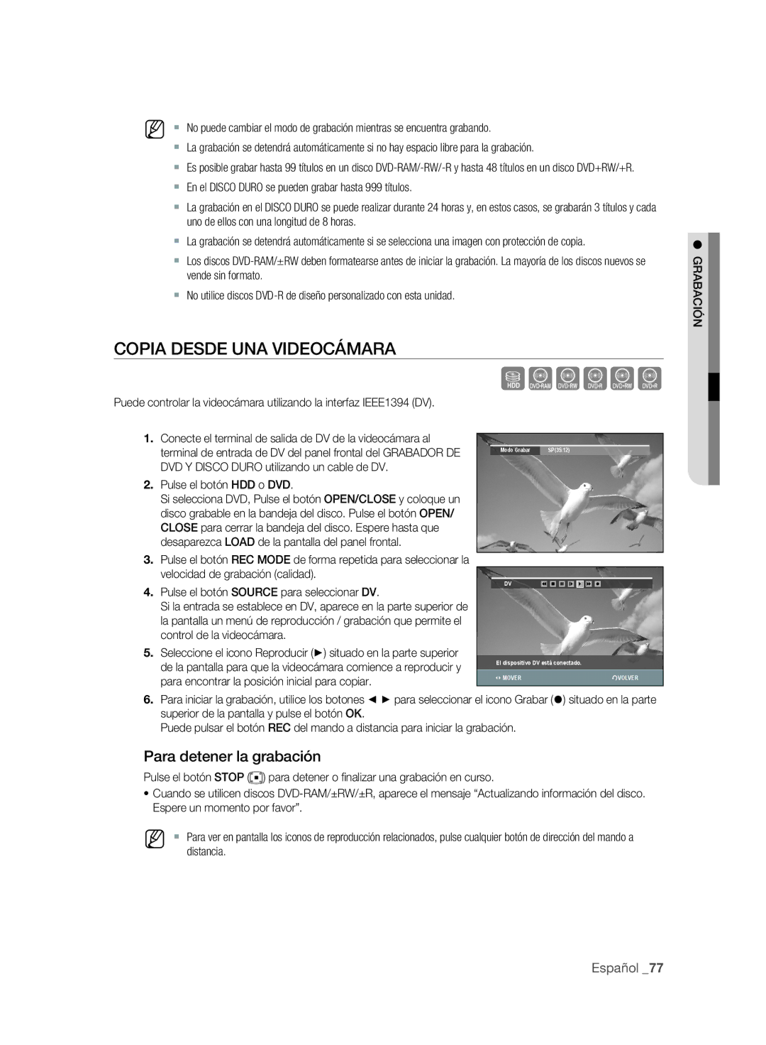 Samsung DVD-SH893A/XEC, DVD-SH895A/XEF Copia Desde UNA Videocámara, Modo Grabar SP3512 El dispositivo DV está conectado 