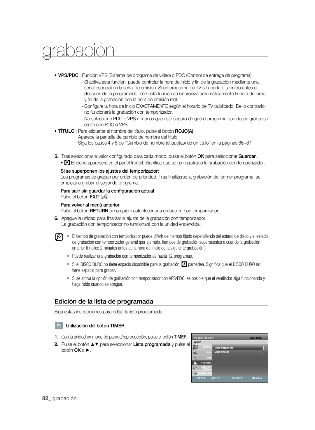 Samsung DVD-SH893A/XEC, DVD-SH895A/XEF, DVD-SH893A/XEF, DVD-SH895A/XEC manual Edición de la lista de programada, Botón OK o 