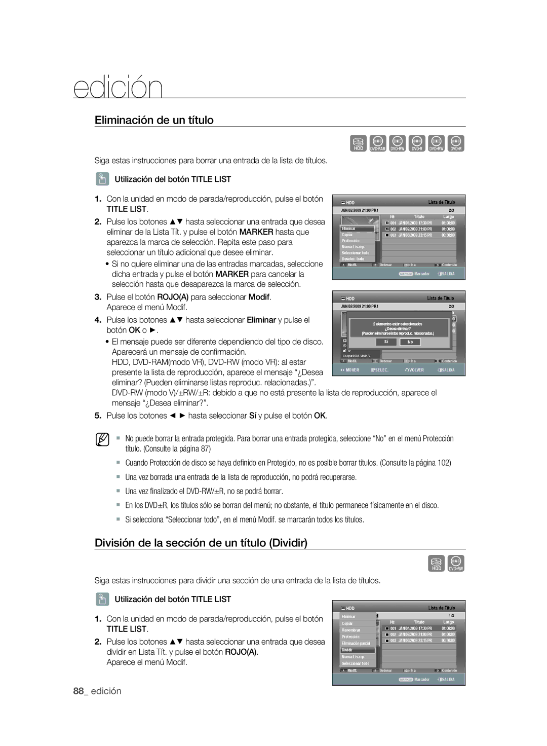 Samsung DVD-SH895A/XEC manual Eliminación de un título, División de la sección de un título Dividir, Aparece el menú Modif 