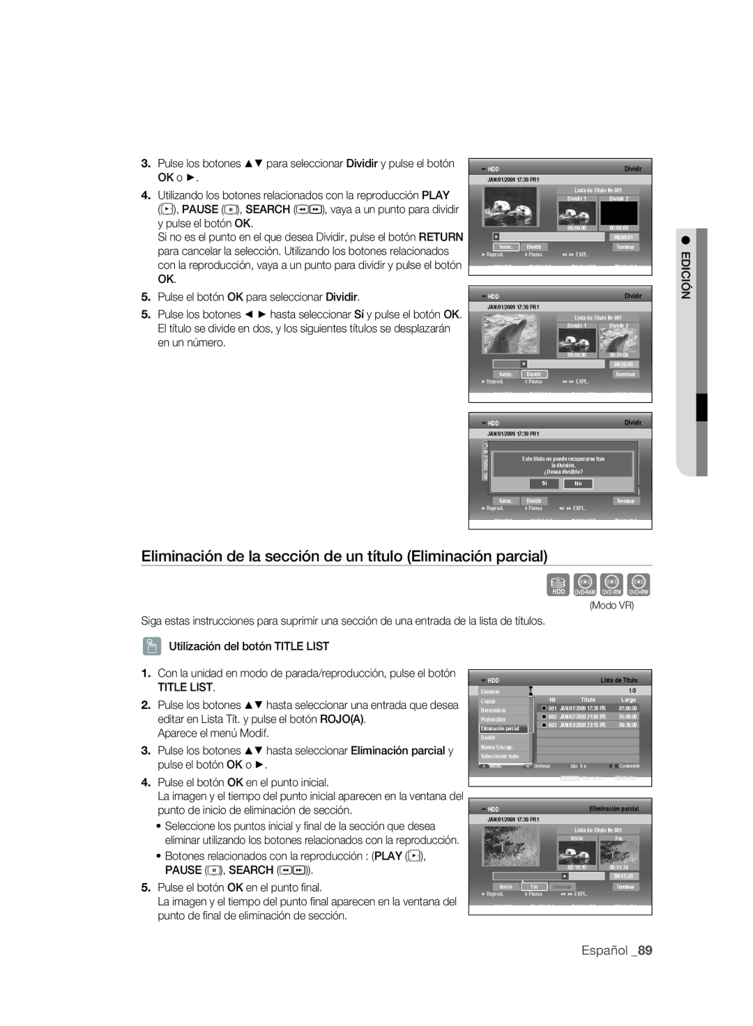 Samsung DVD-SH897A/XEC, DVD-SH895A/XEF, DVD-SH893A/XEF Sxck, Eliminación de la sección de un título Eliminación parcial 