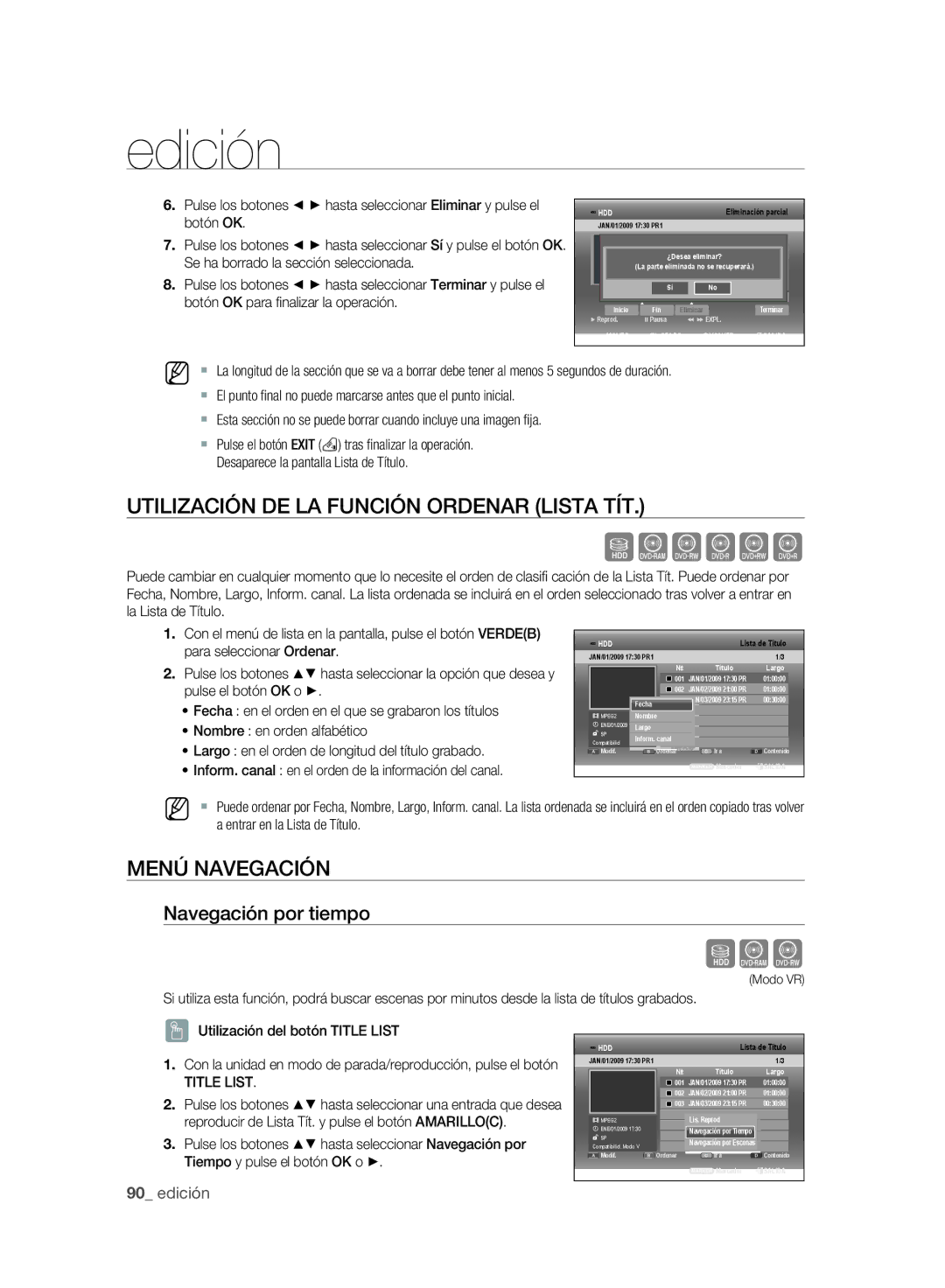 Samsung DVD-SH895A/XEF, DVD-SH893A/XEF Utilización DE LA Función Ordenar Lista TÍT, Menú Navegación, Navegación por tiempo 