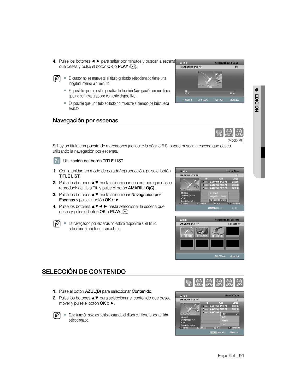 Samsung DVD-SH893A/XEF, DVD-SH895A/XEF, DVD-SH893A/XEC, DVD-SH895A/XEC manual Selección DE Contenido, Navegación por escenas 