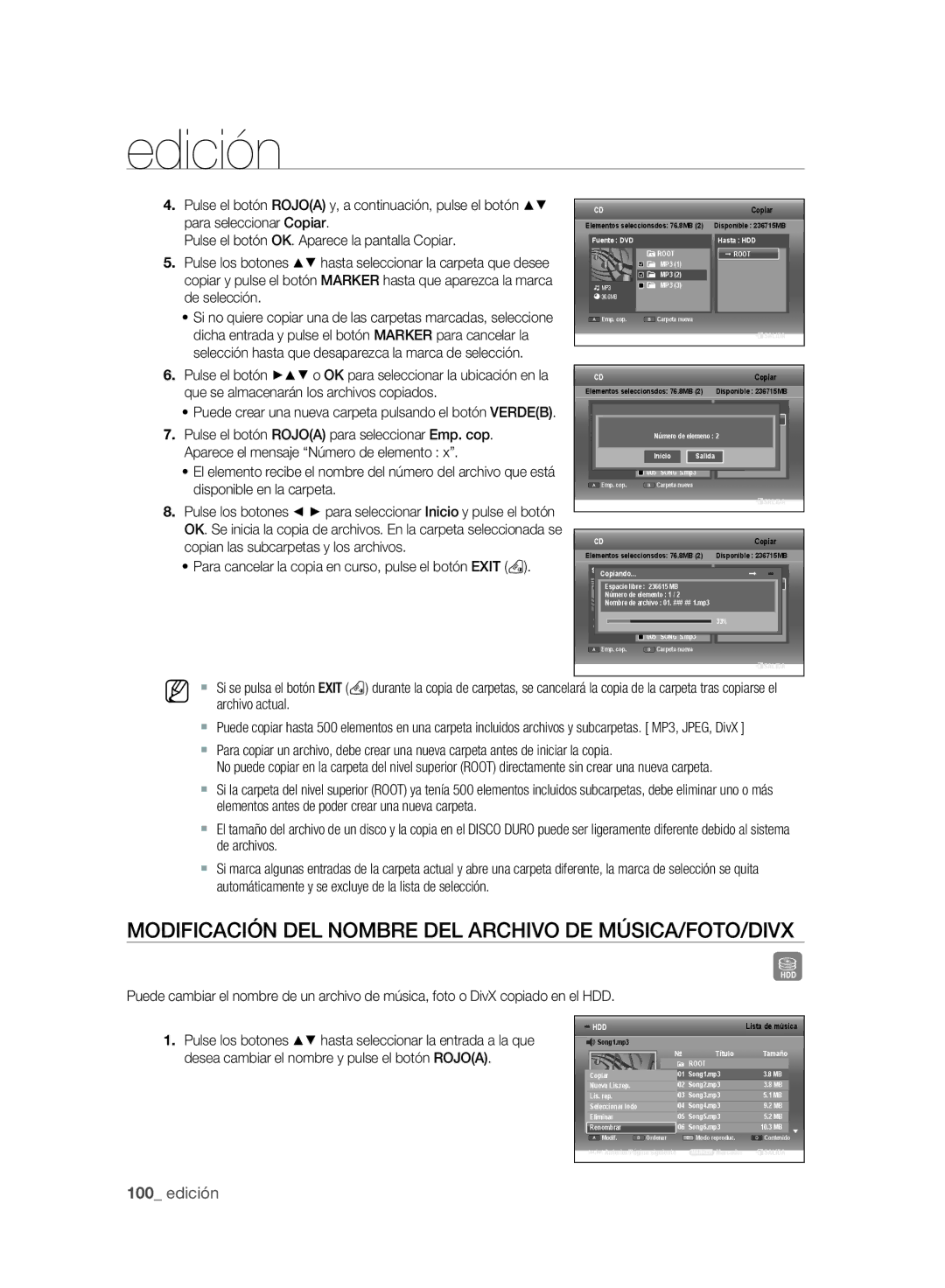 Samsung DVD-SH895A/XEF, DVD-SH893A/XEF, DVD-SH893A/XEC manual Modificación DEL Nombre DEL Archivo DE MÚSICA/FOTO/DIVX 