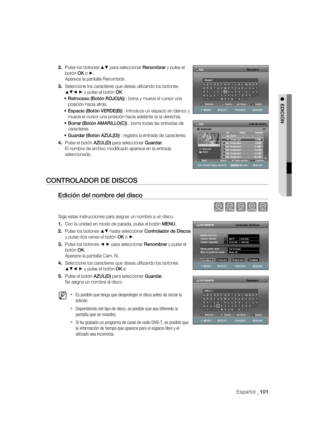 Samsung DVD-SH893A/XEF, DVD-SH895A/XEF, DVD-SH893A/XEC manual Xcvkl, Controlador DE Discos, Edición del nombre del disco 