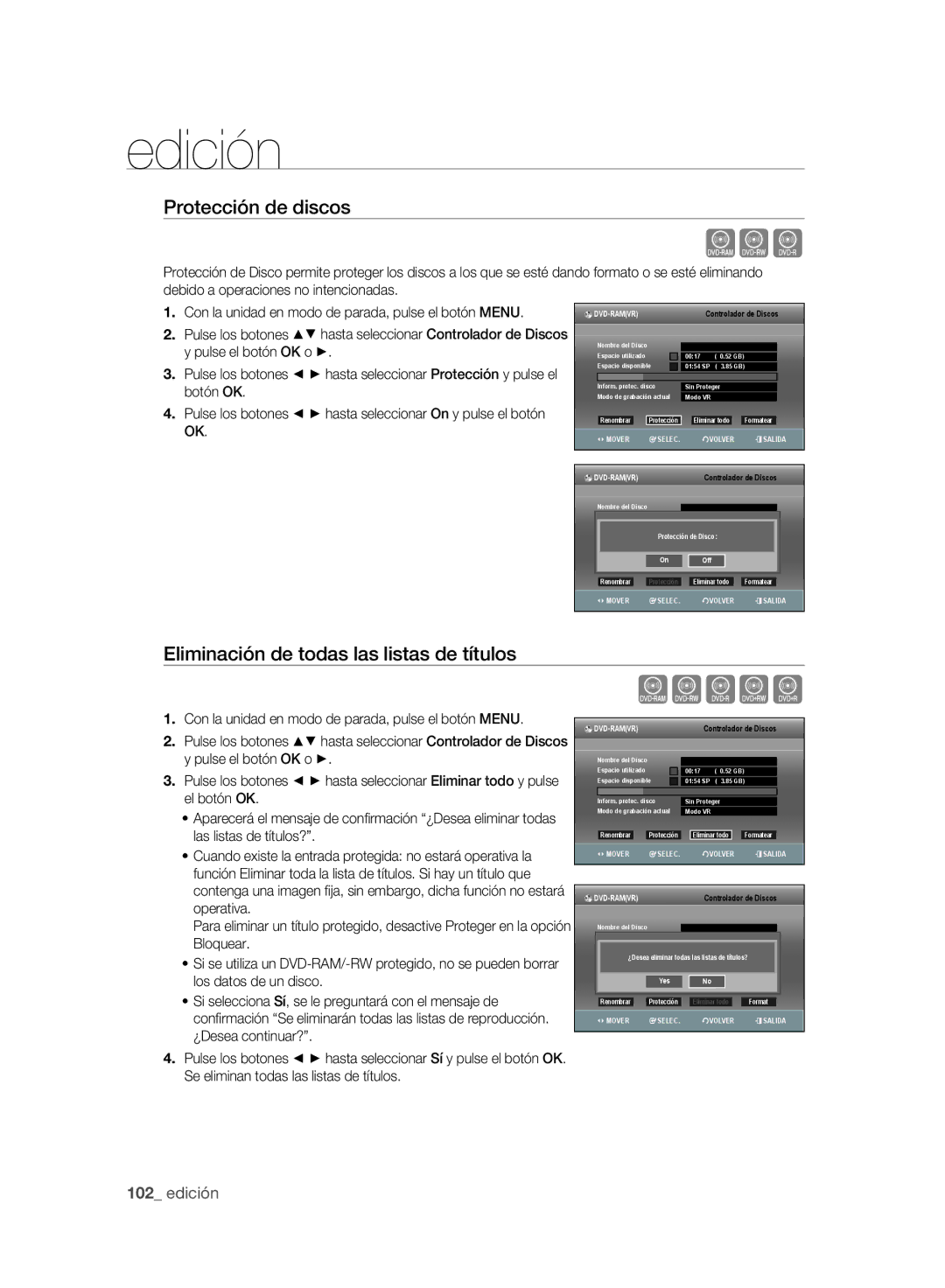 Samsung DVD-SH893A/XEC, DVD-SH895A/XEF manual Xcv, Protección de discos, Eliminación de todas las listas de títulos 