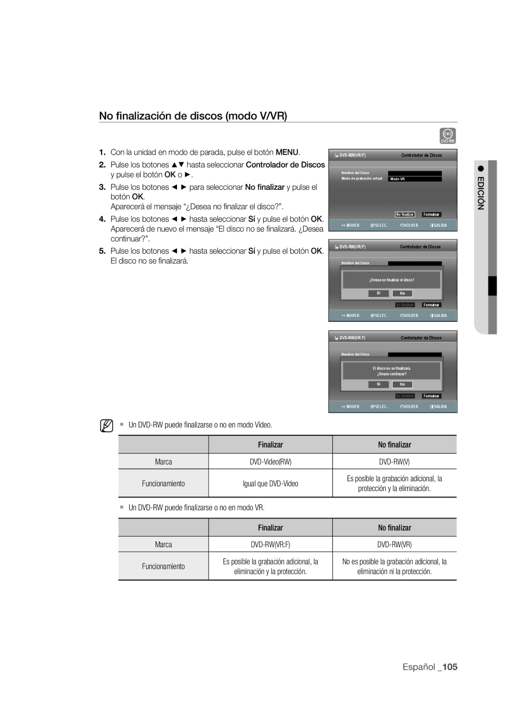 Samsung DVD-SH893A/XEF, DVD-SH895A/XEF, DVD-SH893A/XEC, DVD-SH895A/XEC manual No ﬁnalización de discos modo V/VR, Marca 