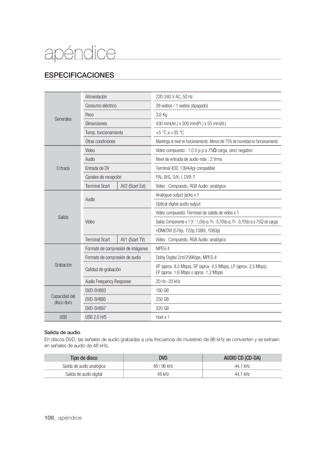 Samsung DVD-SH895A/XEF, DVD-SH893A/XEF, DVD-SH893A/XEC, DVD-SH895A/XEC manual Especificaciones 