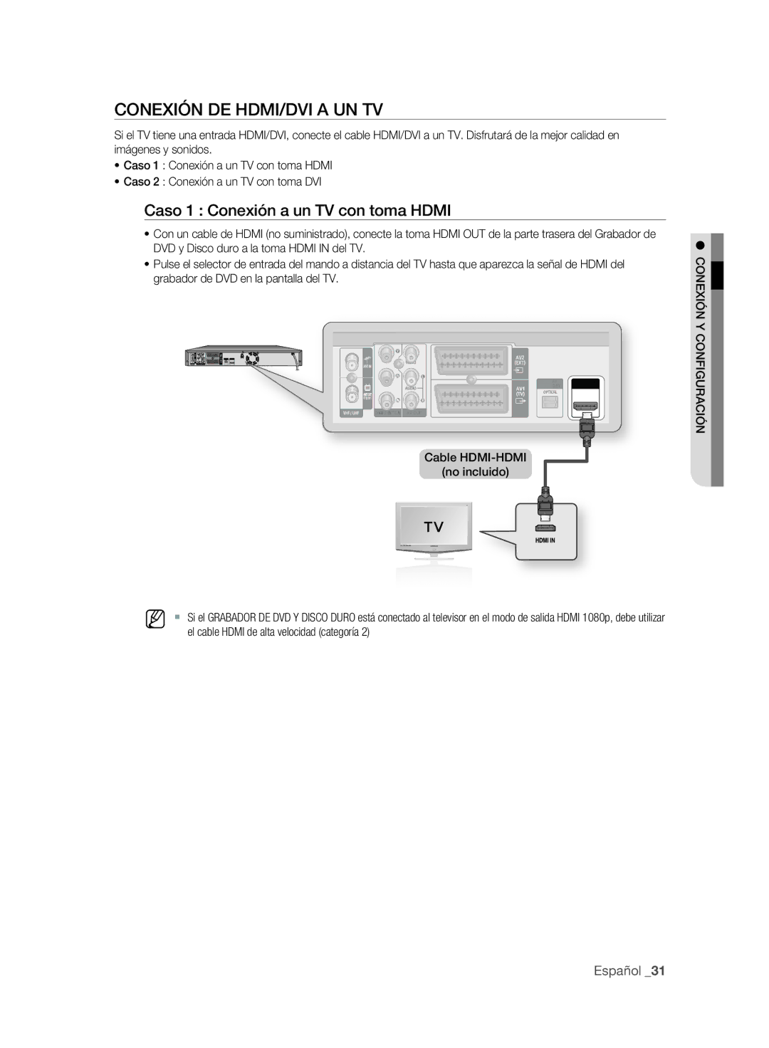 Samsung DVD-SH895A/XEC, DVD-SH895A/XEF, DVD-SH893A/XEF Conexión DE HDMI/DVI a UN TV, Caso 1 Conexión a un TV con toma Hdmi 