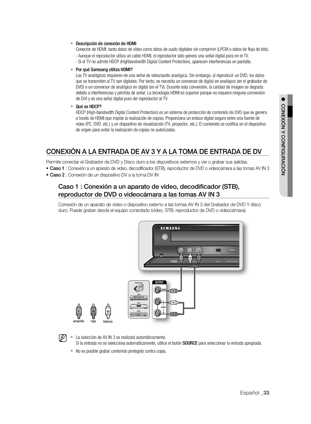 Samsung DVD-SH893A/XEF, DVD-SH895A/XEF, DVD-SH893A/XEC manual Conexión a LA Entrada DE AV 3 Y a LA Toma DE Entrada DE DV 