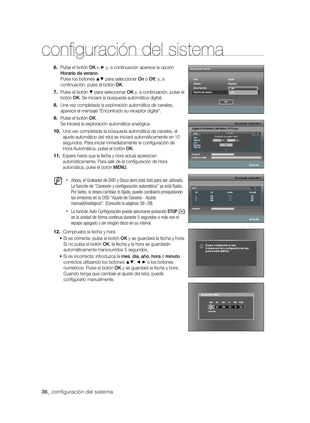 Samsung DVD-SH895A/XEF, DVD-SH893A/XEF, DVD-SH893A/XEC, DVD-SH895A/XEC Compruebe la fecha y hora, Conﬁ gurarlo manualmente 