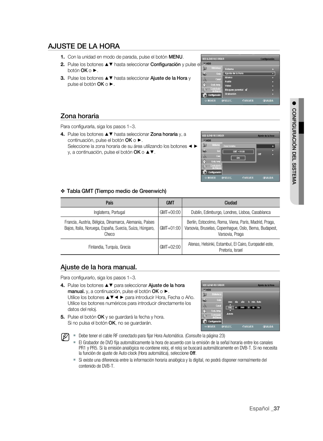 Samsung DVD-SH893A/XEF, DVD-SH895A/XEF, DVD-SH893A/XEC Ajuste DE LA Hora, Zona horaria, Ajuste de la hora manual, Gmt 