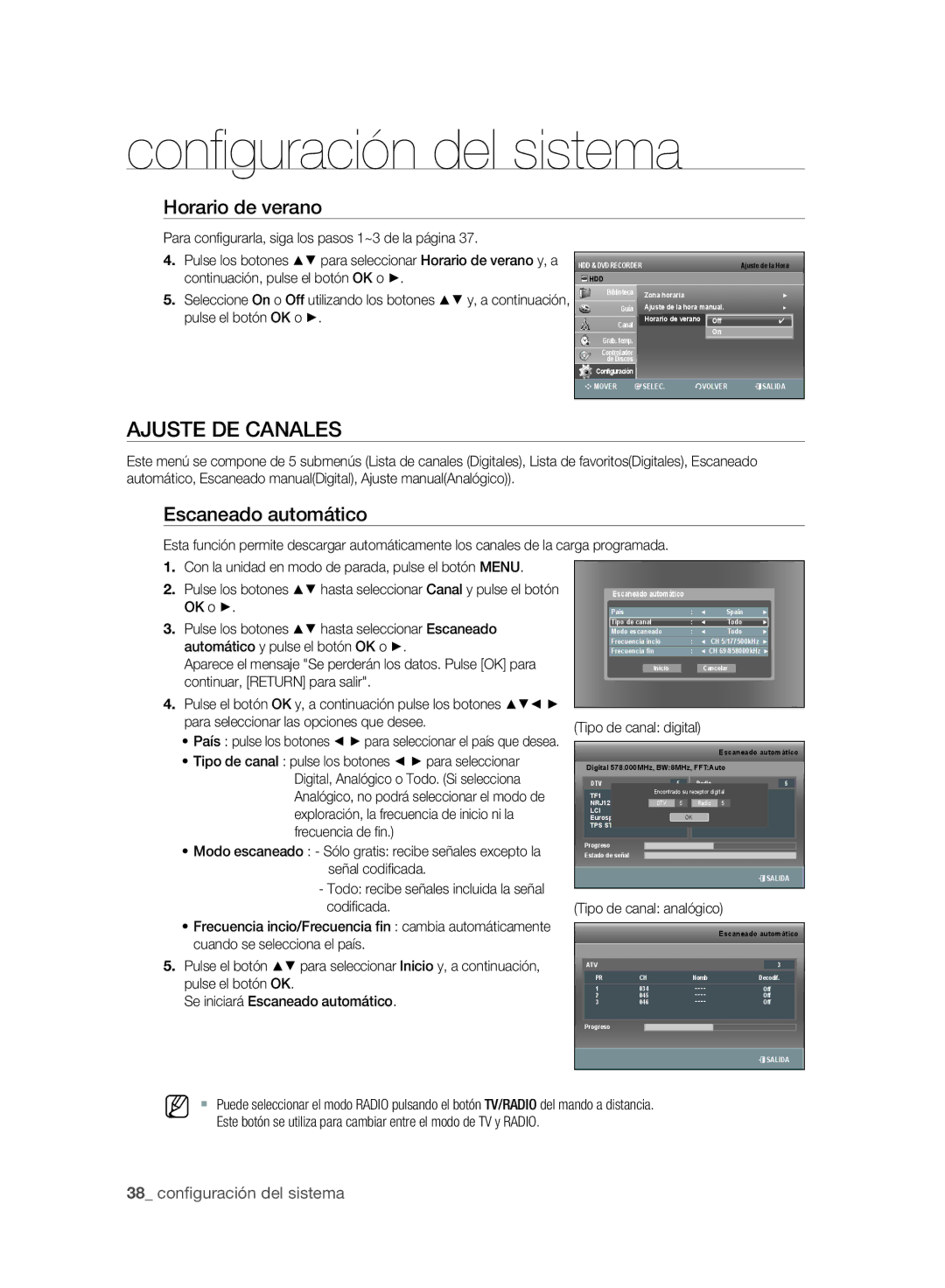 Samsung DVD-SH893A/XEC, DVD-SH895A/XEF, DVD-SH893A/XEF manual Ajuste DE Canales, Horario de verano, Escaneado automático 