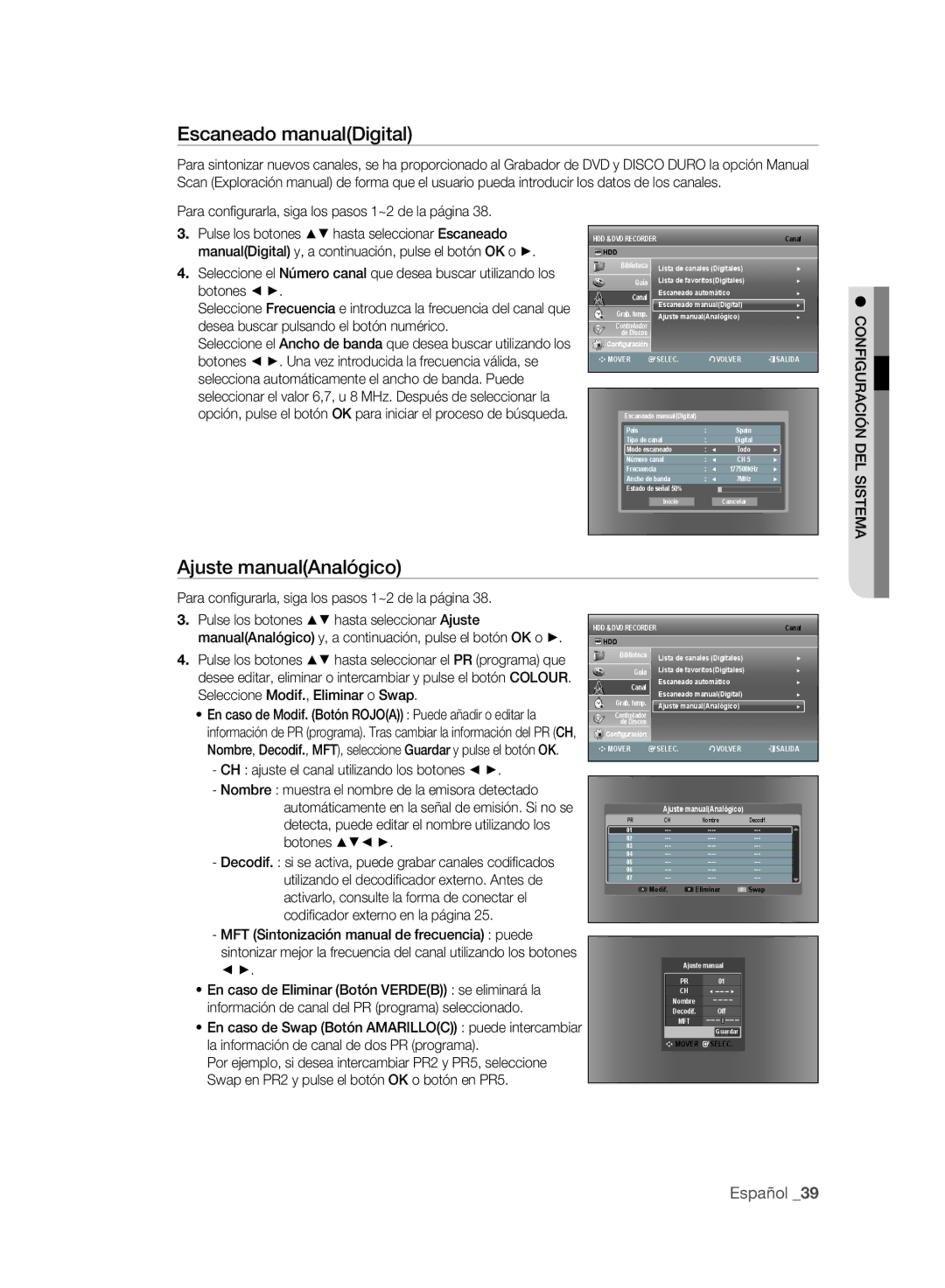 Samsung DVD-SH895A/XEC, DVD-SH895A/XEF, DVD-SH893A/XEF, DVD-SH893A/XEC Escaneado manualDigital, Ajuste manualAnalógico 