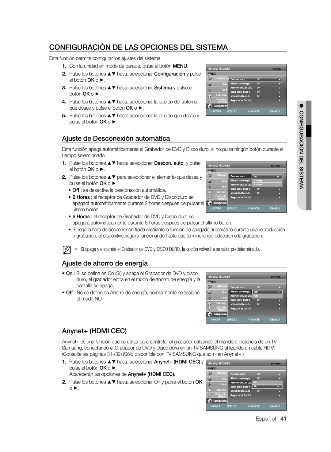 Samsung DVD-SH893A/XEF manual Configuración DE LAS Opciones DEL Sistema, Ajuste de Desconexión automática, Anynet+ Hdmi CEC 