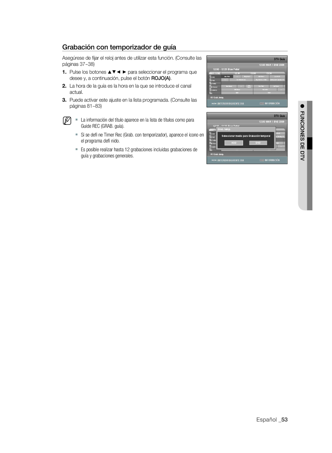 Samsung DVD-SH893A/XEF, DVD-SH895A/XEF manual Grabación con temporizador de guía, #/$ ANTERIOR/SIGUIENTE Diainfo Información 