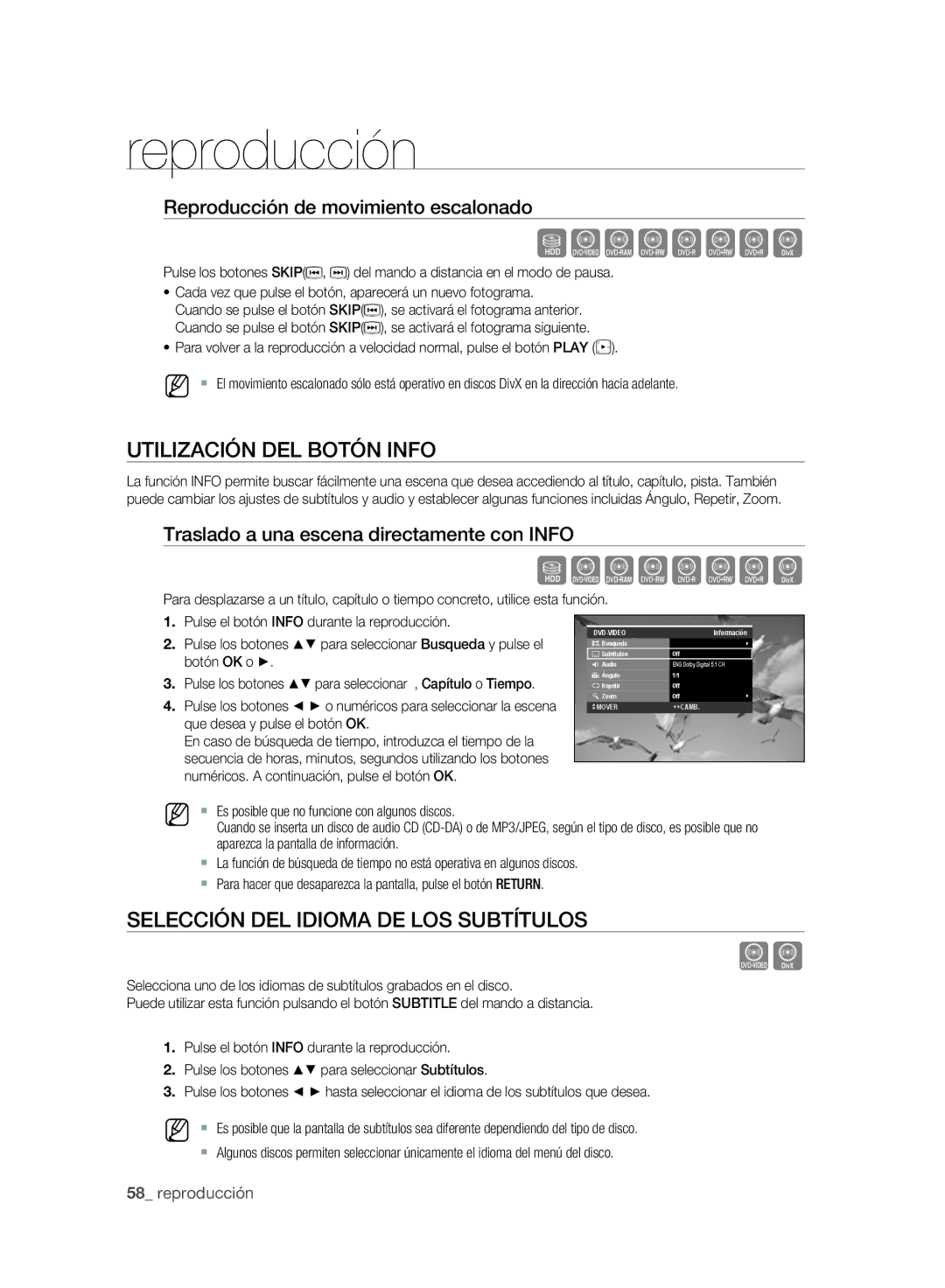 Samsung DVD-SH893A/XEC, DVD-SH895A/XEF, DVD-SH893A/XEF Utilización DEL Botón Info, Selección DEL Idioma DE LOS Subtítulos 