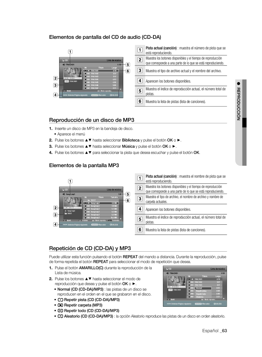 Samsung DVD-SH895A/XEC, DVD-SH895A/XEF manual Elementos de pantalla del CD de audio CD-DA, Reproducción de un disco de MP3 