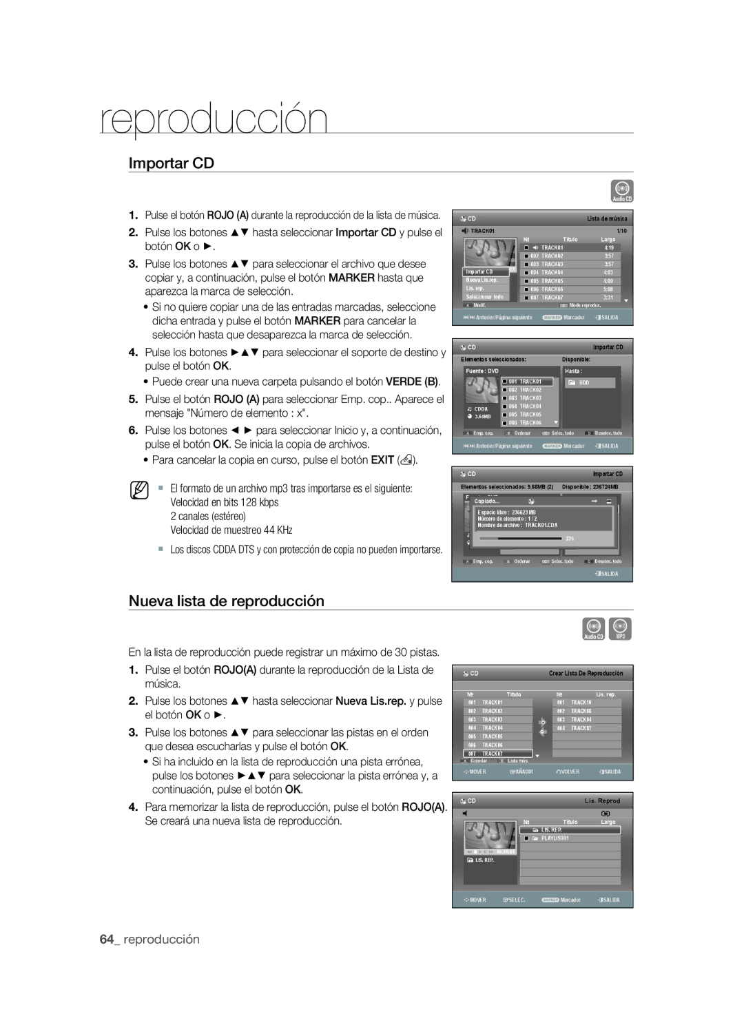 Samsung DVD-SH895A/XEF manual Importar CD, Nueva lista de reproducción, Canales estéreo Velocidad de muestreo 44 KHz 