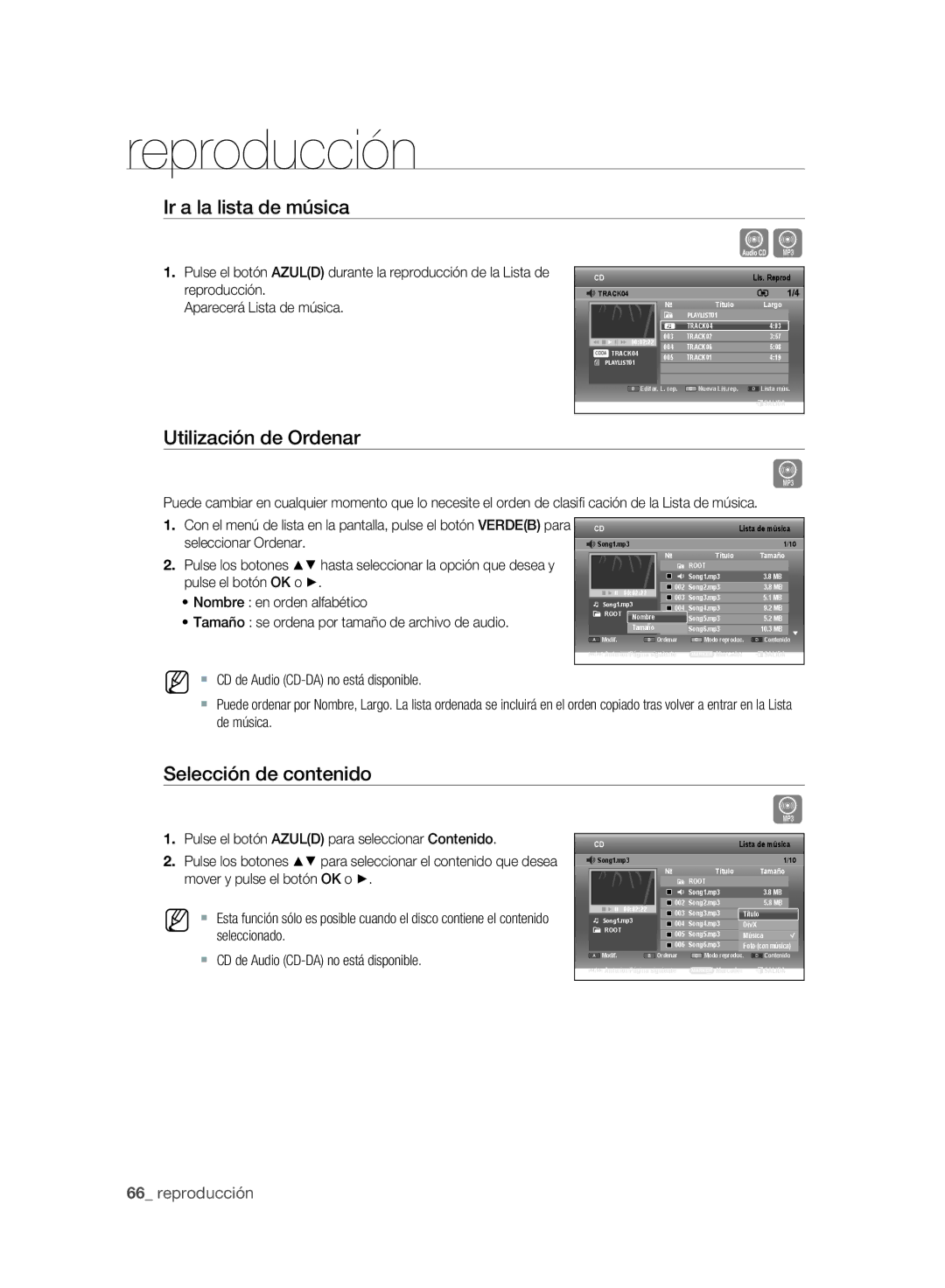 Samsung DVD-SH893A/XEC manual Ir a la lista de música, Utilización de Ordenar, Selección de contenido, Seleccionado 