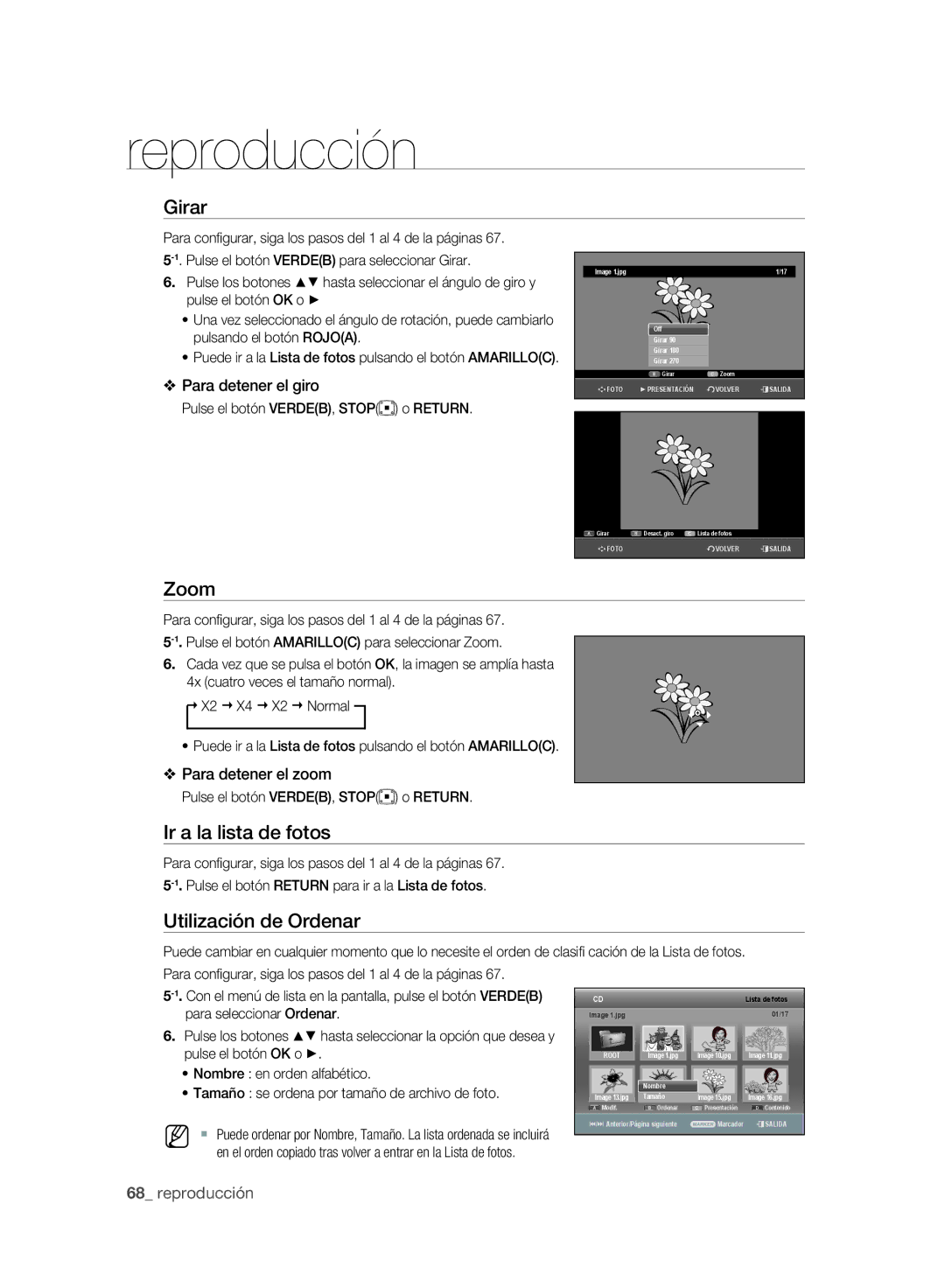 Samsung DVD-SH895A/XEF Girar, Zoom, Ir a la lista de fotos, Hasta seleccionar el ángulo de giro y, Pulse el botón OK o 