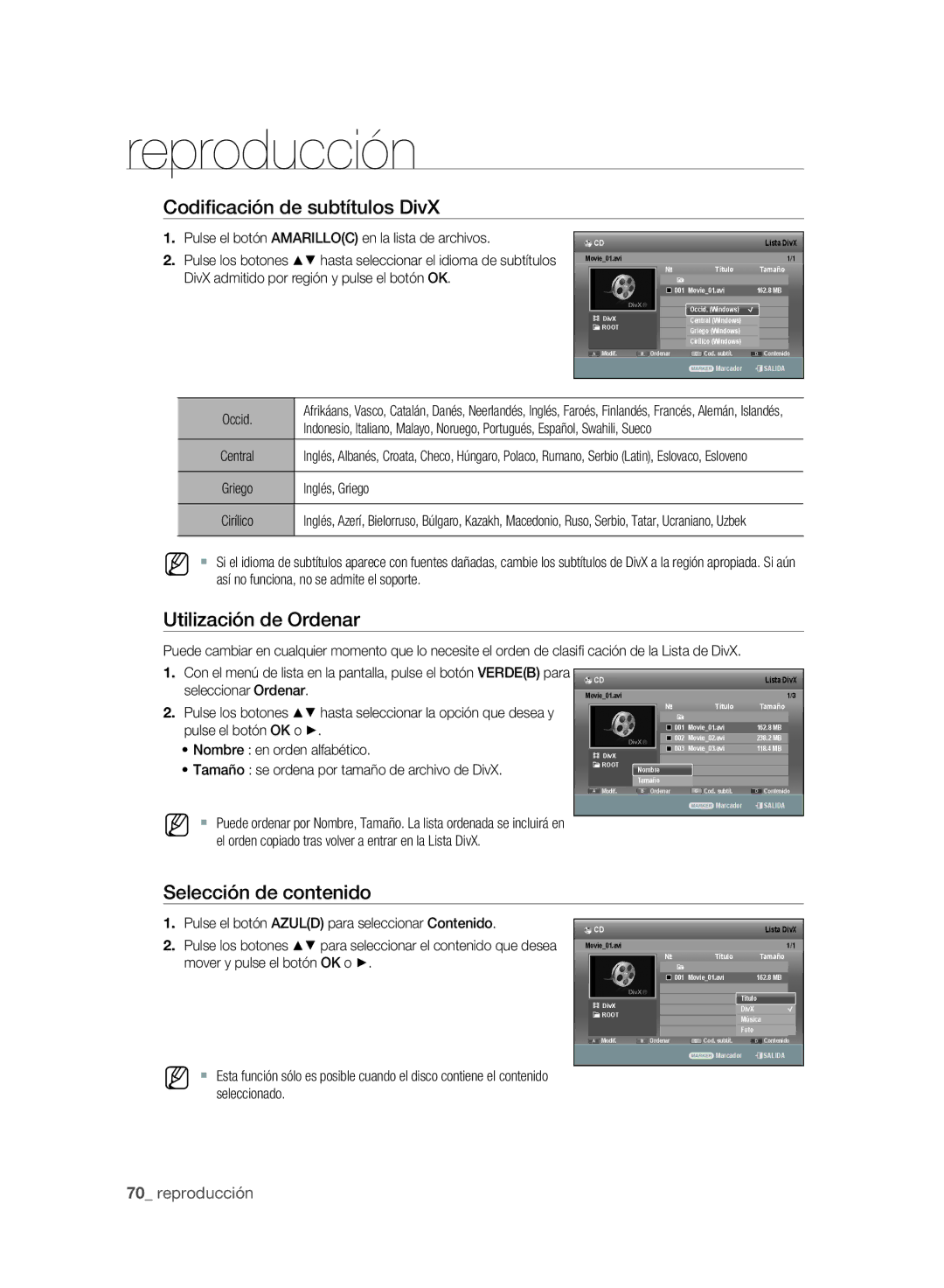 Samsung DVD-SH893A/XEC, DVD-SH895A/XEF Codiﬁcación de subtítulos DivX, Pulse el botón Amarilloc en la lista de archivos 