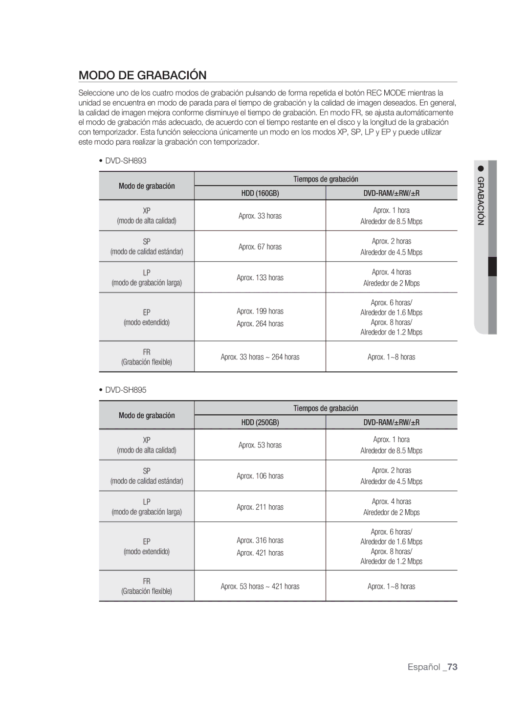 Samsung DVD-SH893A/XEF, DVD-SH895A/XEF, DVD-SH893A/XEC, DVD-SH895A/XEC manual Modo DE Grabación, Modo de grabación 