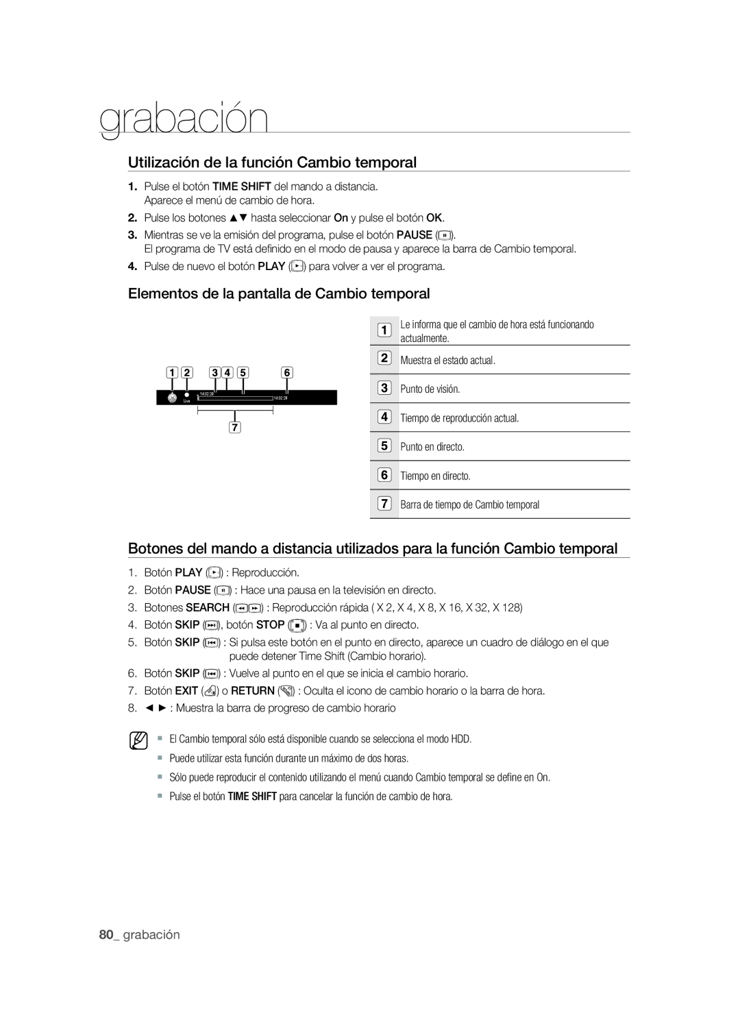 Samsung DVD-SH895A/XEF manual Utilización de la función Cambio temporal, Elementos de la pantalla de Cambio temporal 