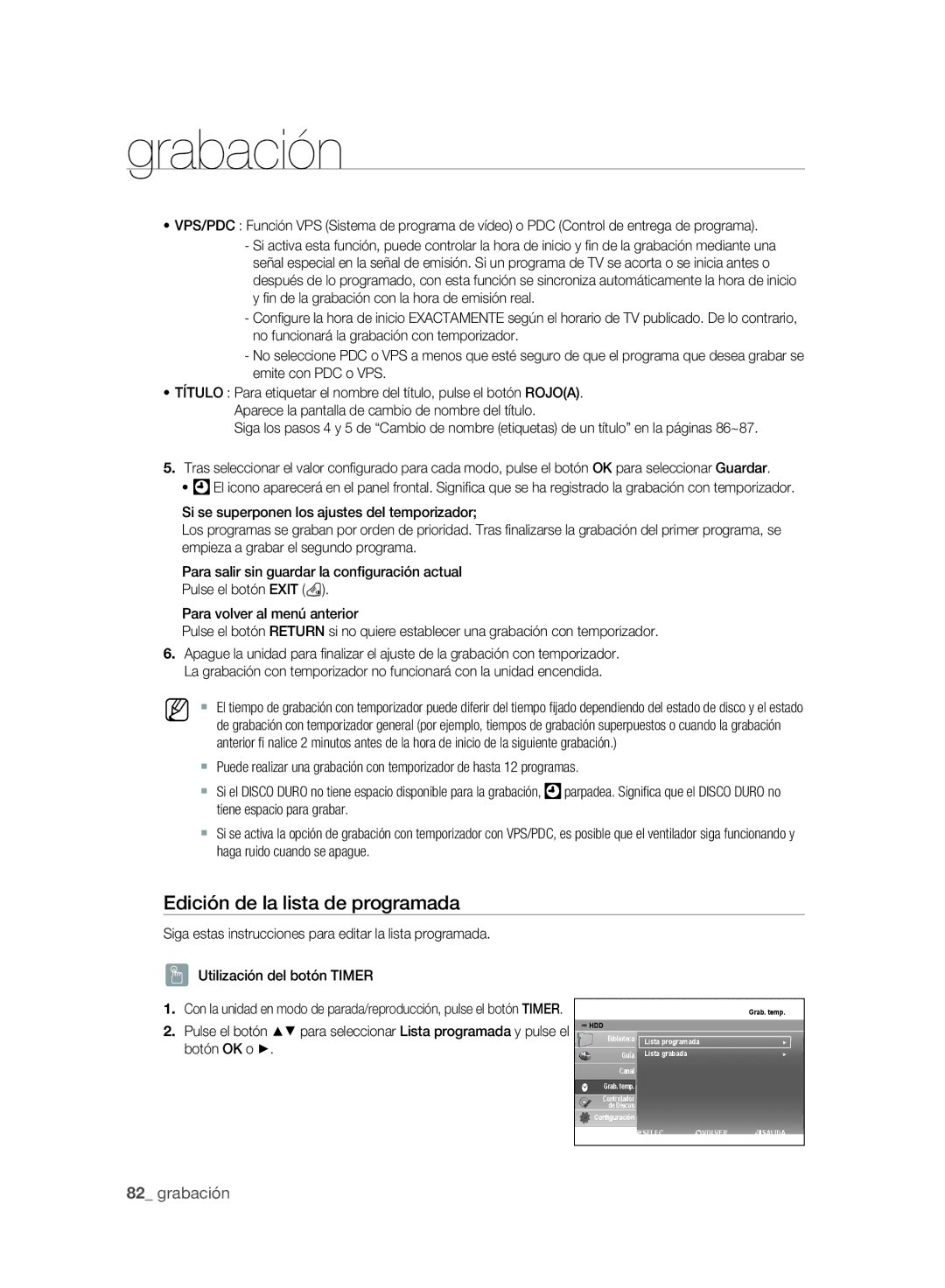 Samsung DVD-SH893A/XEC, DVD-SH895A/XEF, DVD-SH893A/XEF, DVD-SH895A/XEC manual Edición de la lista de programada, Botón OK o 