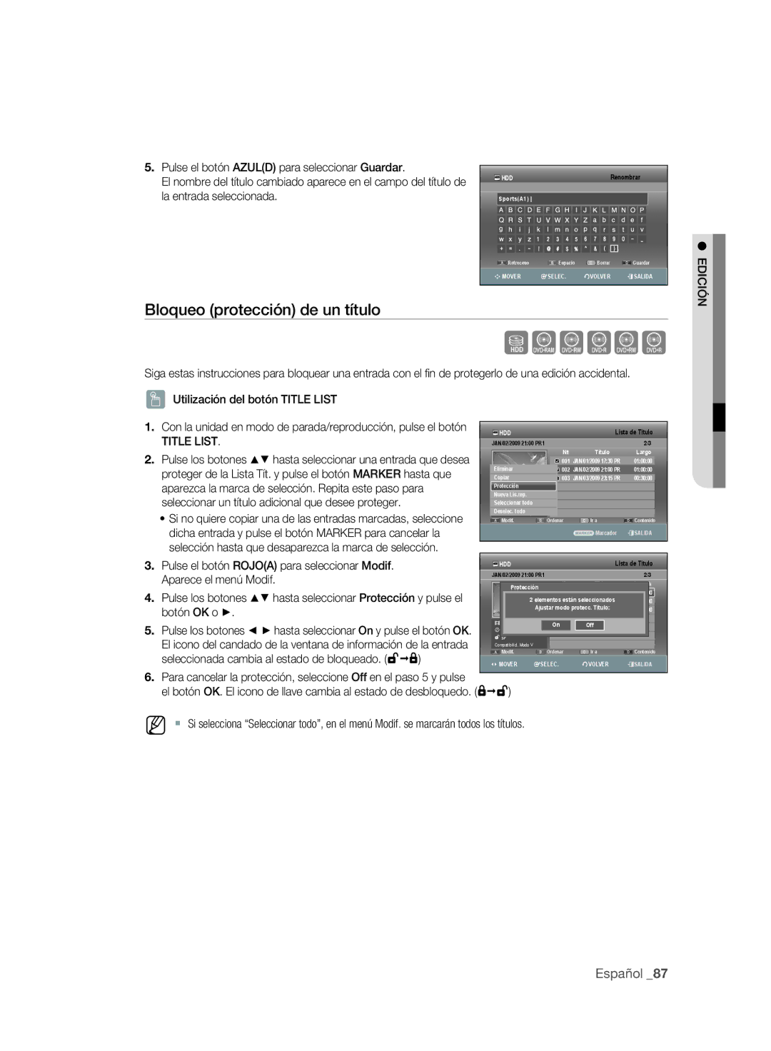 Samsung DVD-SH895A/XEC Bloqueo protección de un título, Pulse el botón Rojoa para seleccionar Modif, Aparece el menú Modif 