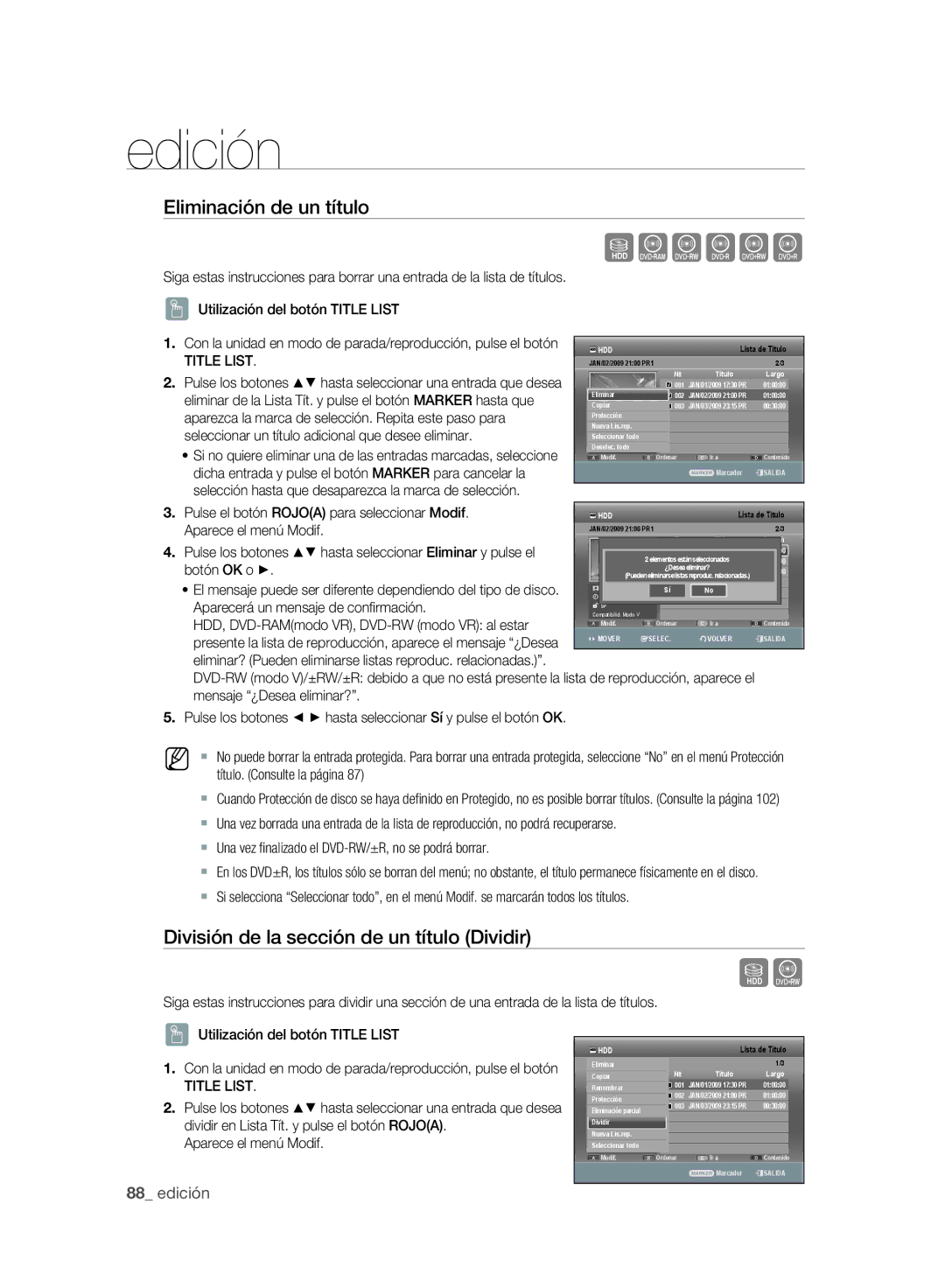 Samsung DVD-SH895A/XEF, DVD-SH893A/XEF manual Eliminación de un título, División de la sección de un título Dividir 