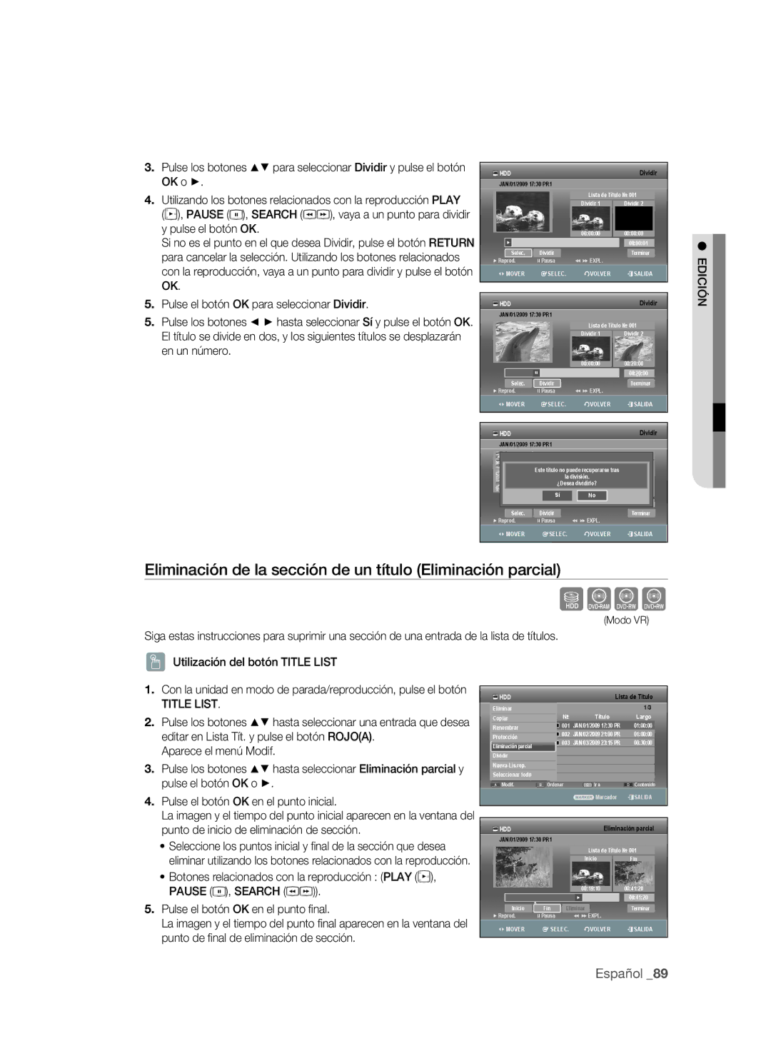 Samsung DVD-SH893A/XEF, DVD-SH895A/XEF, DVD-SH893A/XEC Sxck, Eliminación de la sección de un título Eliminación parcial 