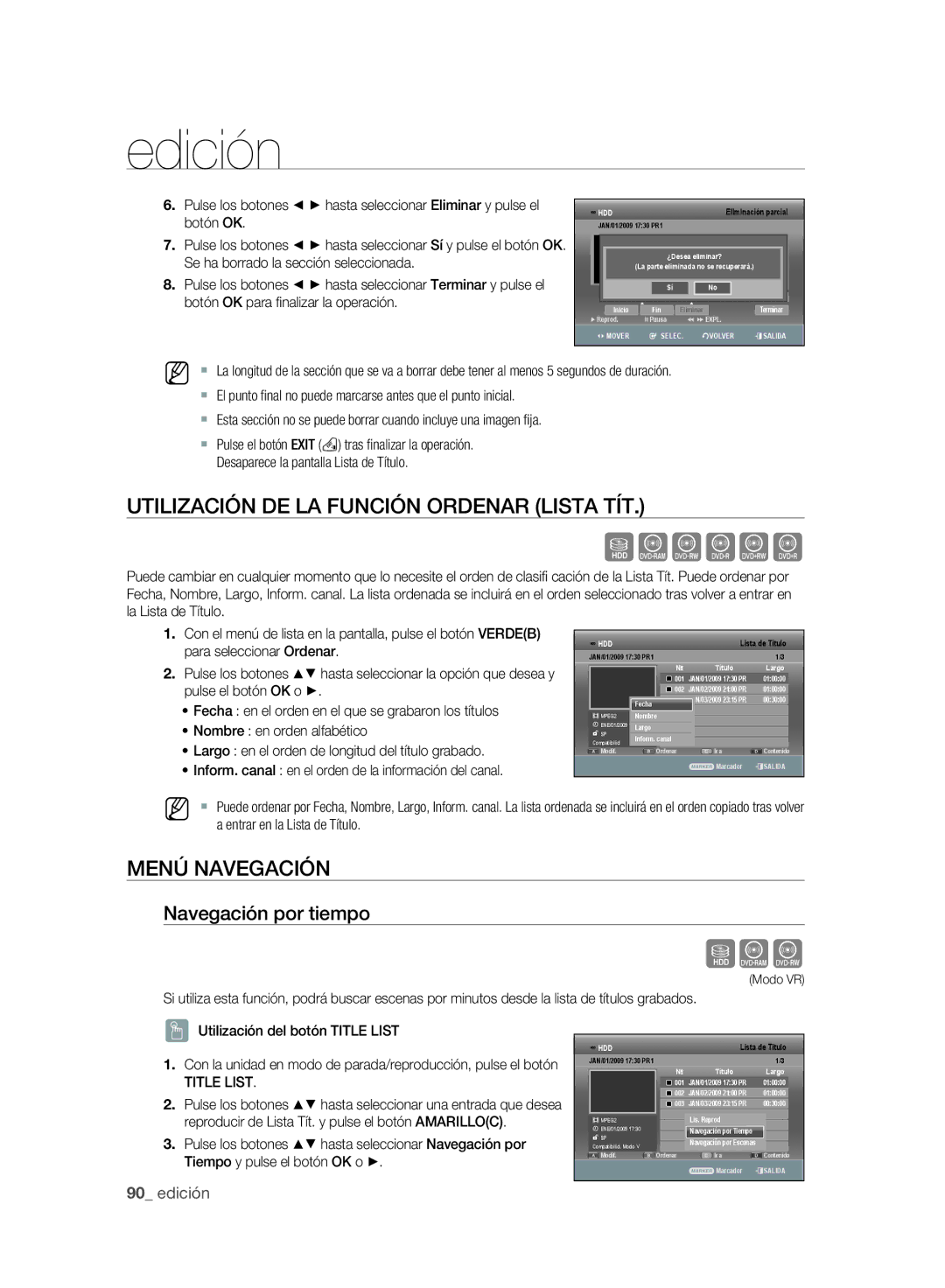 Samsung DVD-SH893A/XEC, DVD-SH895A/XEF Utilización DE LA Función Ordenar Lista TÍT, Menú Navegación, Navegación por tiempo 