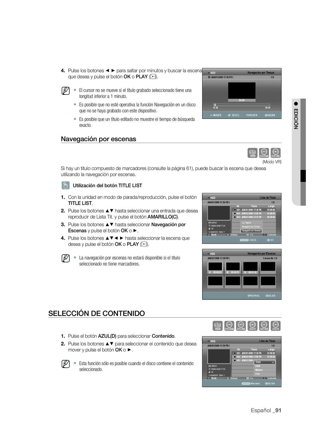 Samsung DVD-SH895A/XEC, DVD-SH895A/XEF Selección DE Contenido, Navegación por escenas, Desea y pulse el botón OK o Play 