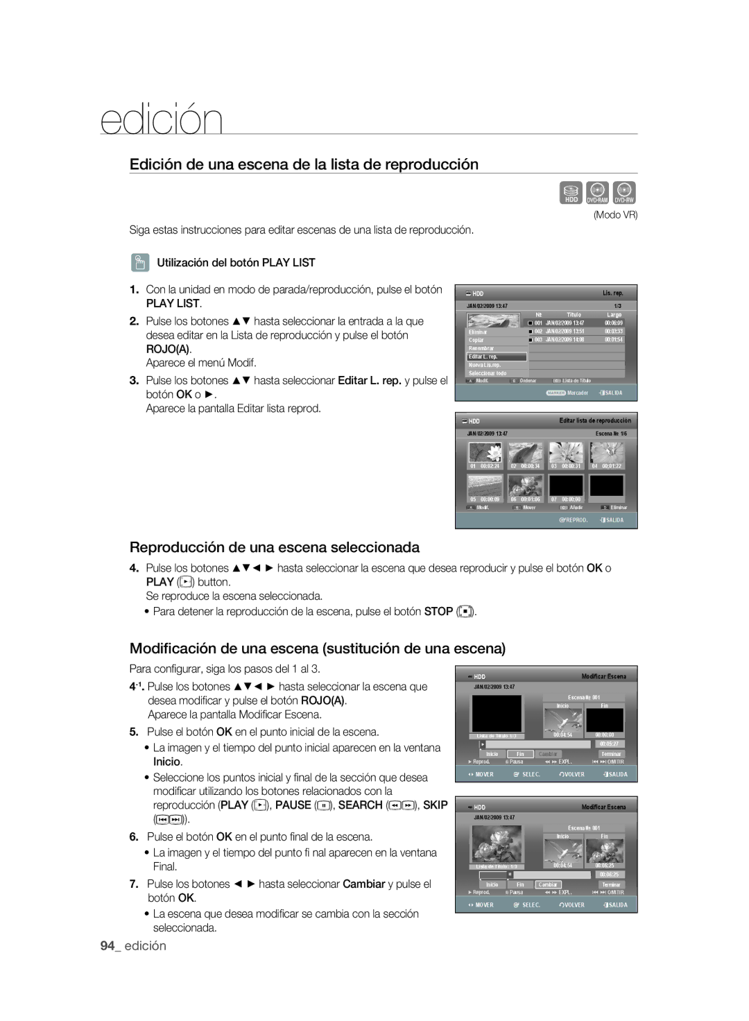 Samsung DVD-SH893A/XEC manual Edición de una escena de la lista de reproducción, Aparece la pantalla Editar lista reprod 