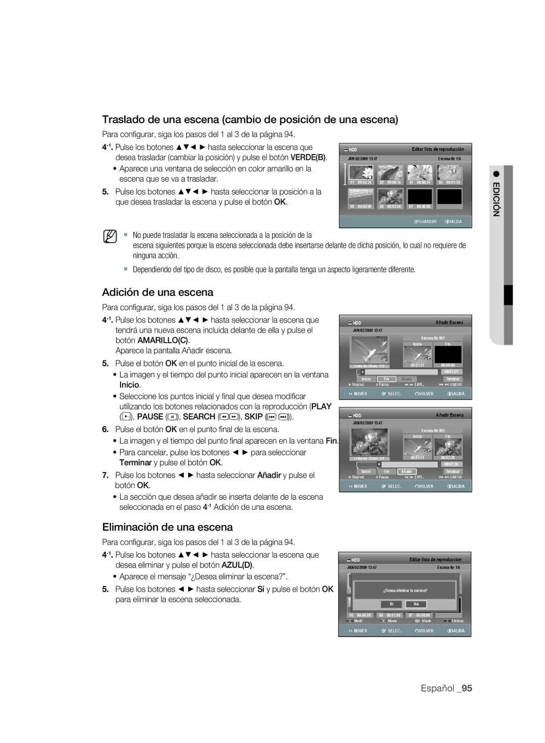 Samsung DVD-SH895A/XEC, DVD-SH895A/XEF manual Traslado de una escena cambio de posición de una escena, Adición de una escena 